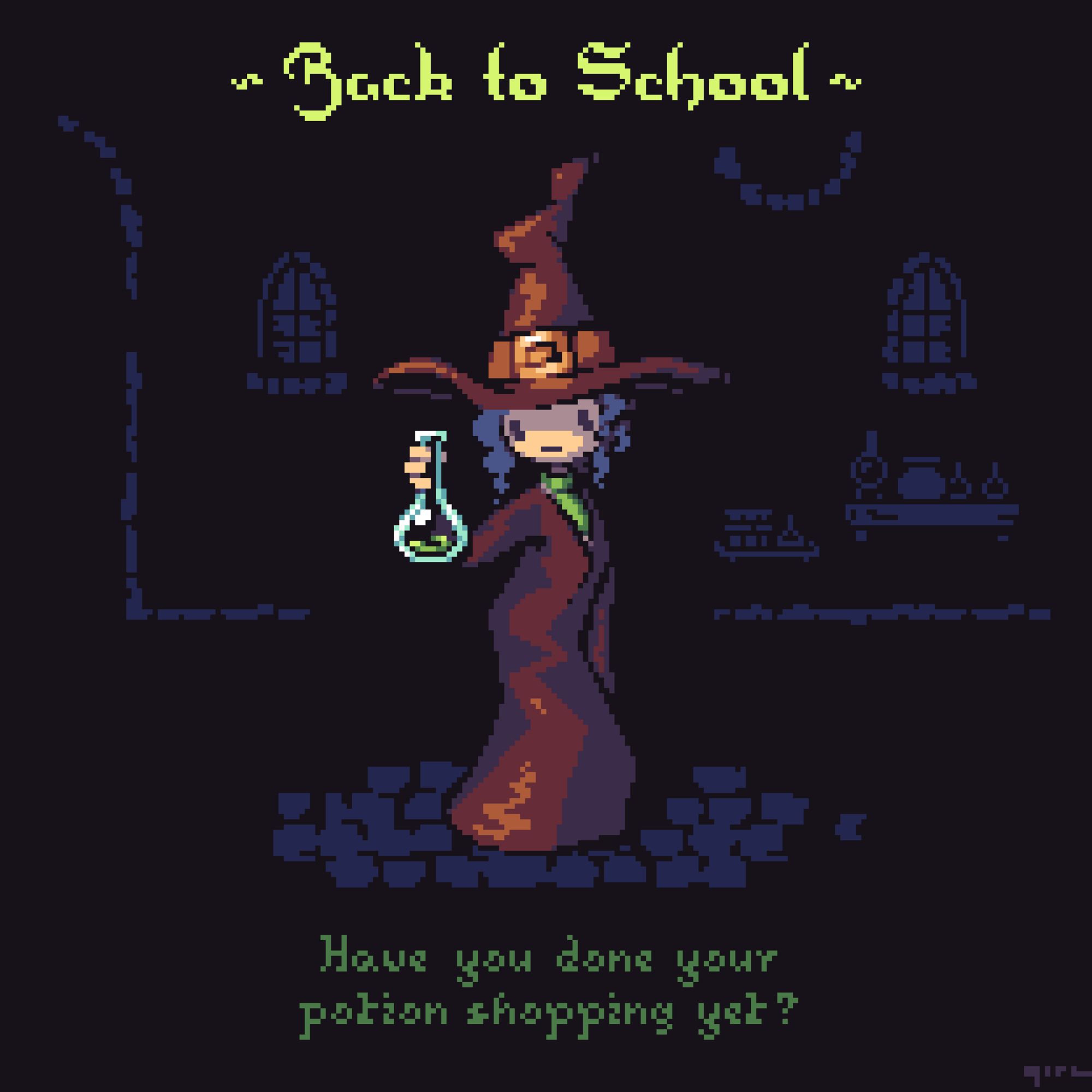 Witch standing in a dim room, looking at a near-empty potion in her hand.  The top caption reads "Back to School" and the bottom caption reads "Have you done your potion shopping yet?"