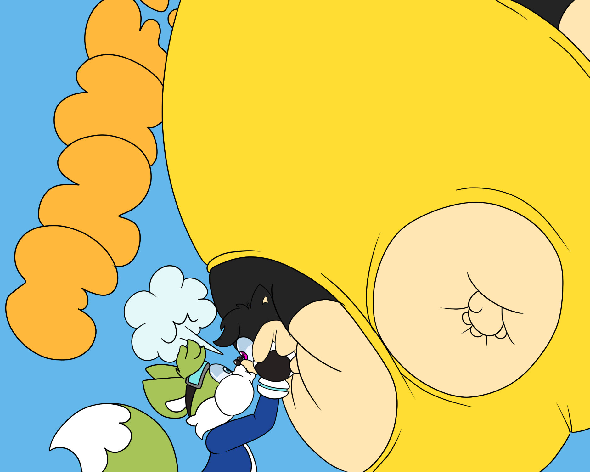 Zack (Fox) blowing up Cassie (Hedgehog) by mouth