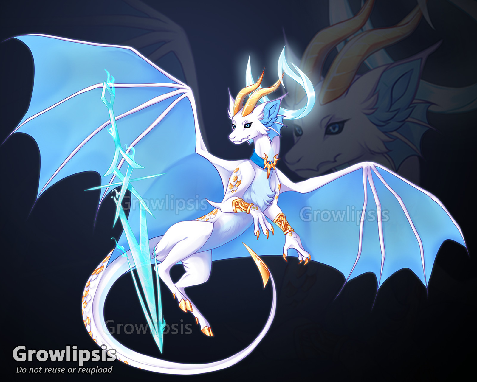 Art of a white dragon with golden horns, claws and scales. The webbing of his wings, inner ear and underbelly are all light blue. He has a sword floating beside him made out of blue energy.