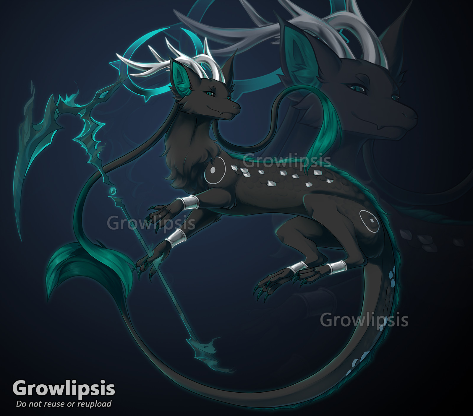 A dark grey dragon with silver antlers and scales. His eyes, inner ears and spine fur are dark teal. He has a dark teal scythe made out of energy floating beside him.