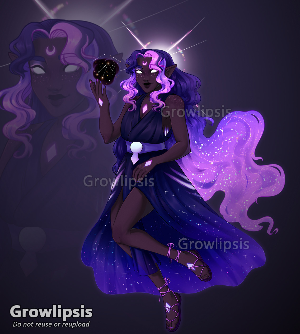 Art of a woman with dark skin and solid white glowing eyes. Her hair is dark purple and fades into pink at the tips. She wears a dark purple dress speckled with stars.