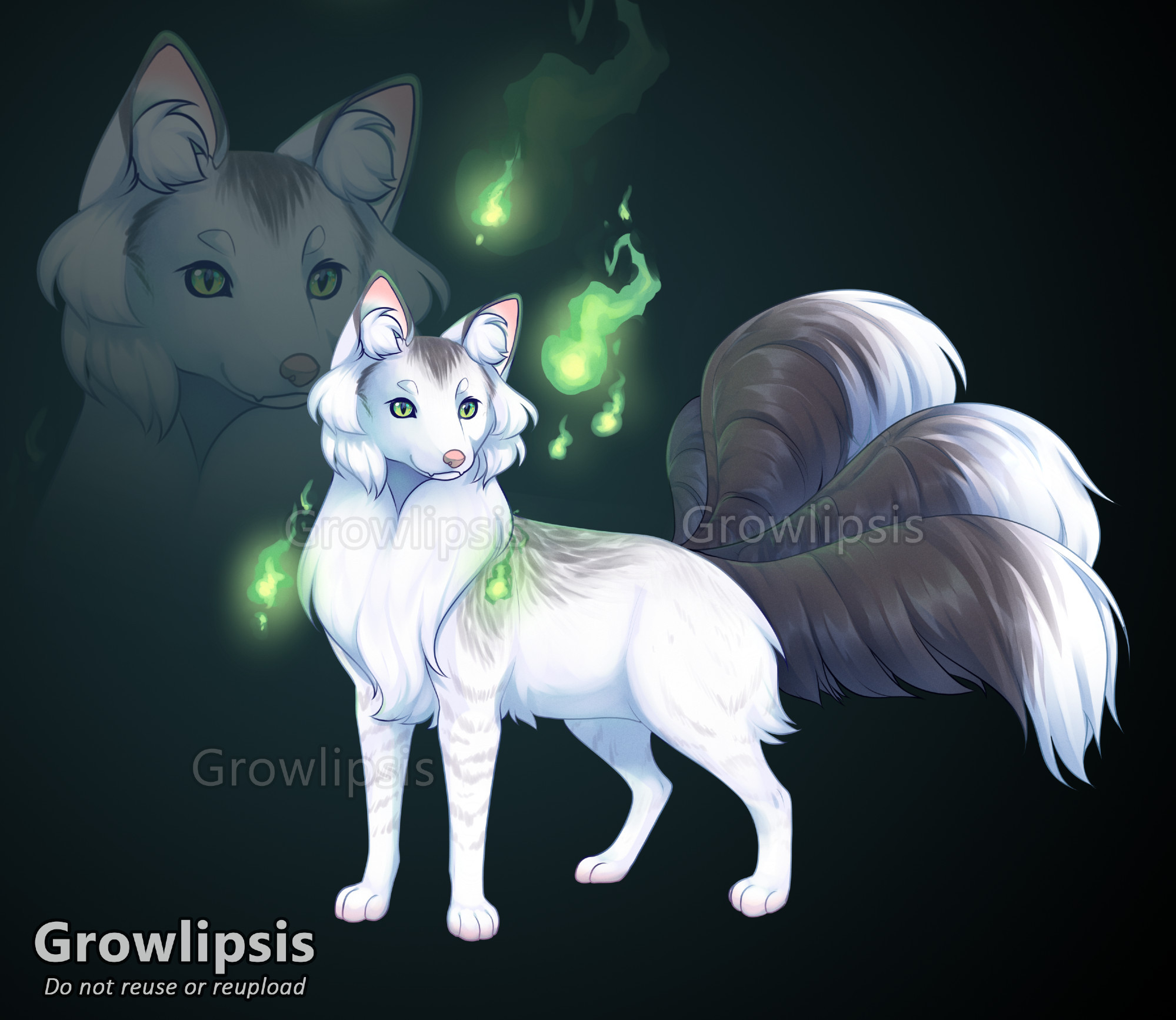 A white fox with dark grey, flecked markings along his back and forehead. He has pale grey stripes on his forelegs and four black tails with a white tip. He has bright green eyes and is surrounded by floating green flames.