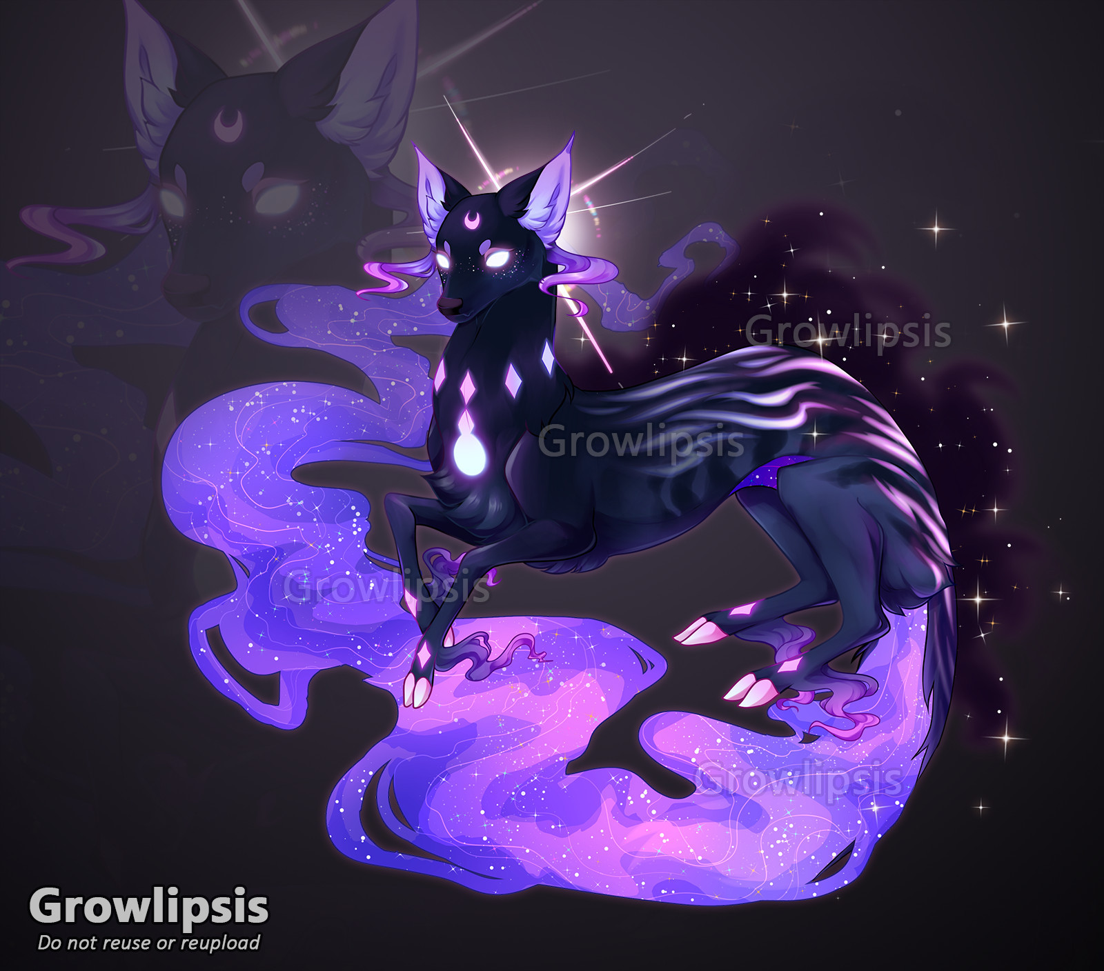 A drawing of a deer-like creature with dark purple, almost black fur. She has glowing stripes of pink along her back and a long, flowing tail that resembles a galaxy.