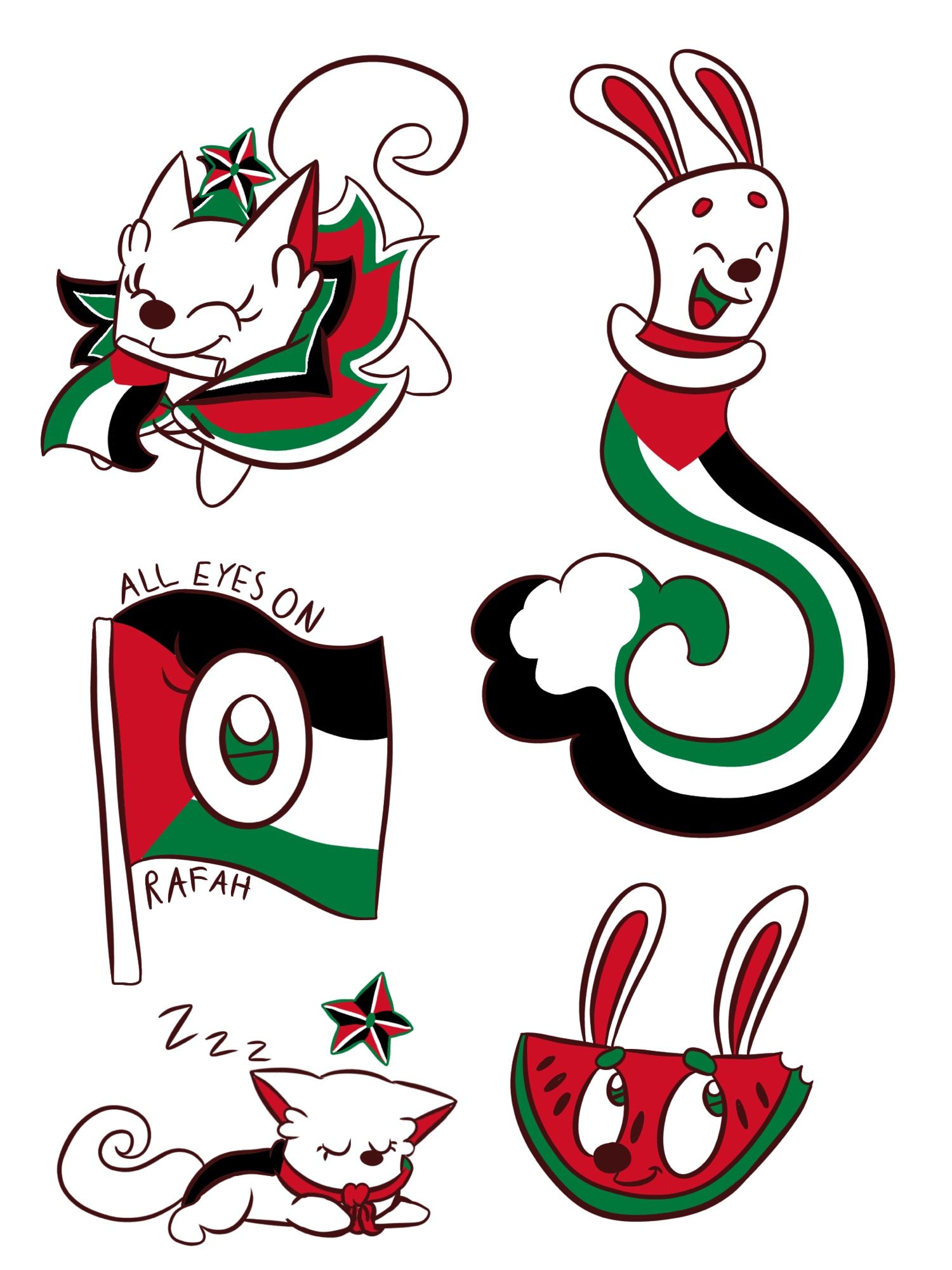 Just some stickers for Palestine, themed around my OCs Komet and Swoosh.