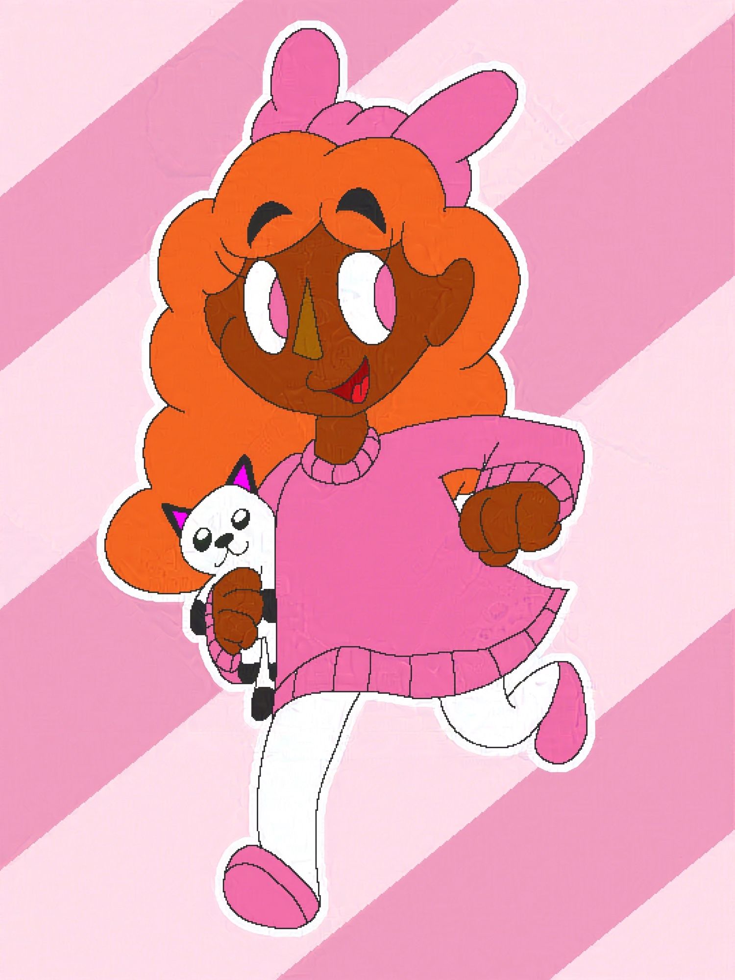 A black girl(Harmonie) with her plush cat, Meowsers.