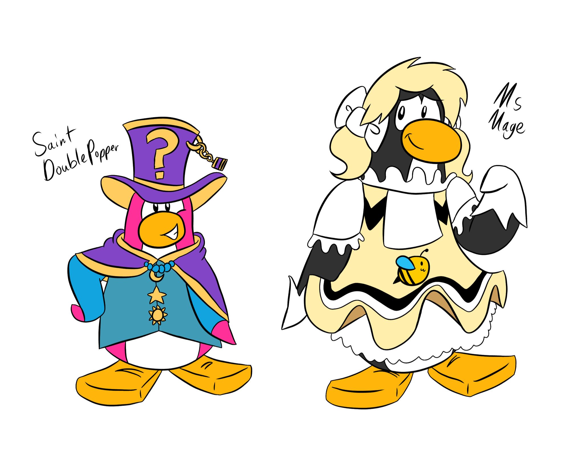 On the right is Saint DoublePopper, a pink penguin with some magical type clothing along with a top hat(that has a chain, by the end of the chain is a chocolate bar square). On the left is Ms (Honey) Mage. She is a black penguin who has magical girl attire which has a honeybee motif.