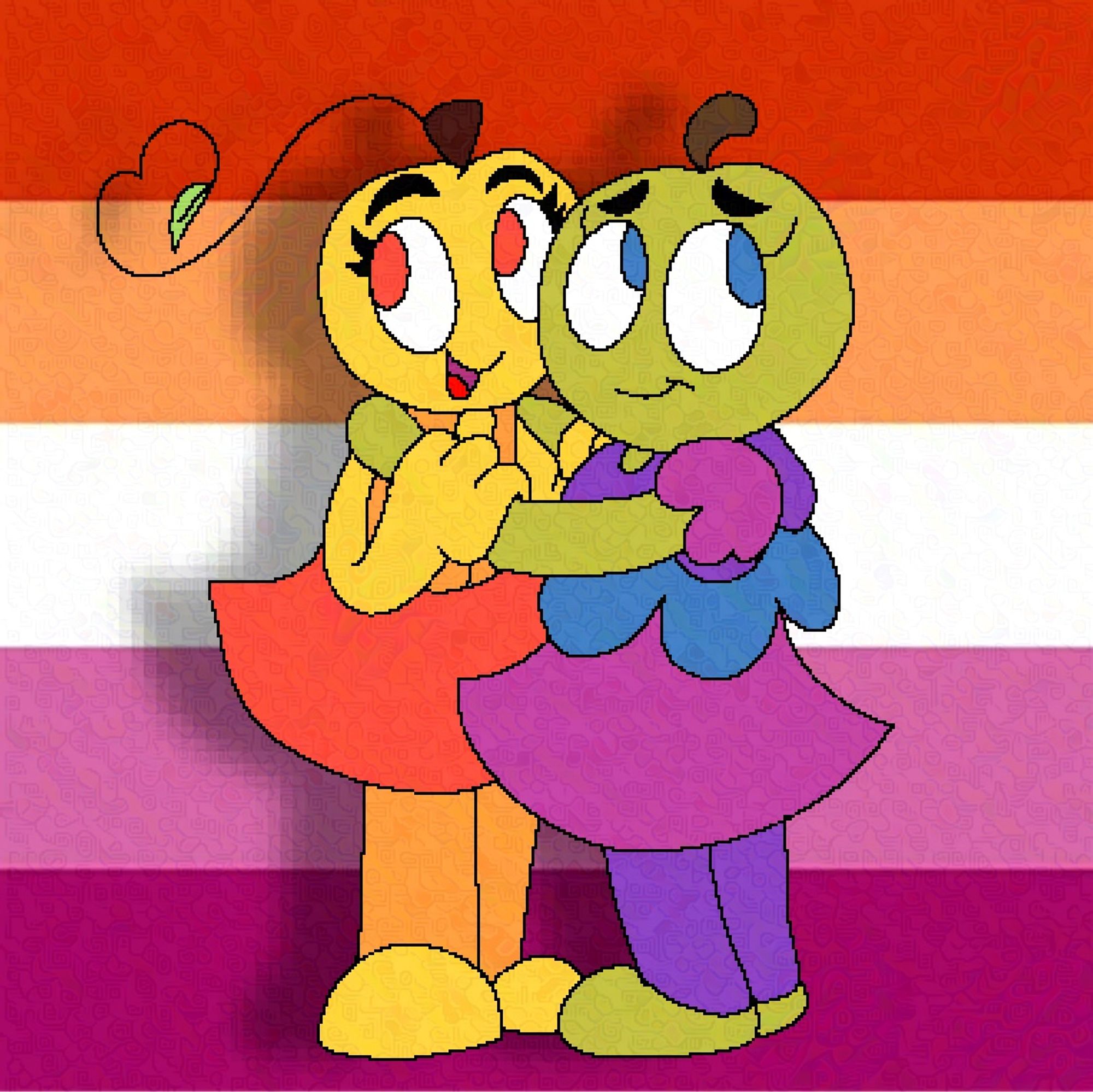 Allie(Golden Apple) and Amina(Green/Crispin Apple) in front of a lesbian flag.