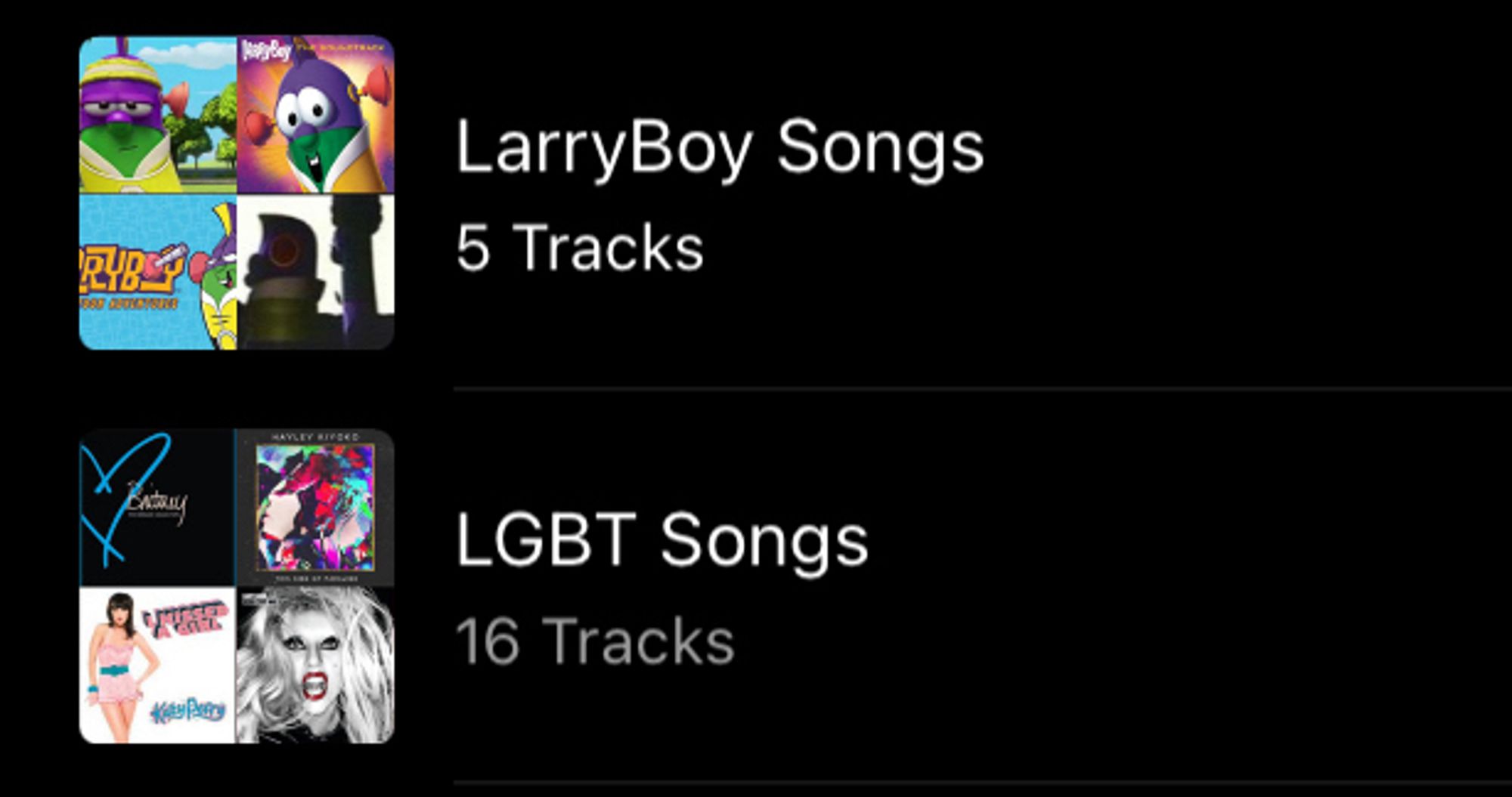 A playlist labeled ‘LarryBoy Songs’ right above the ‘LGBT Songs’ playlist.