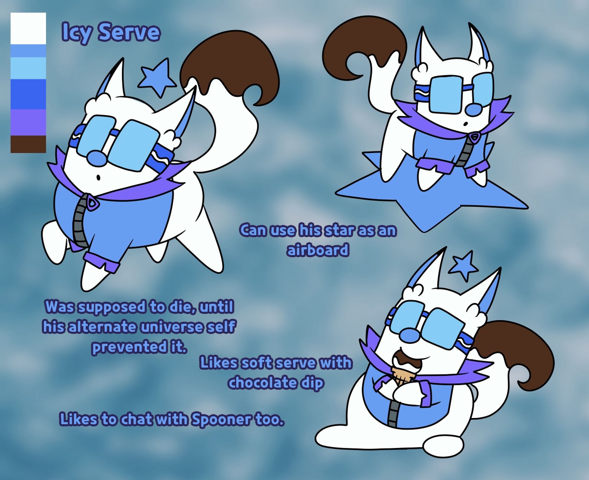 Icy Serve. Text says ‘Can use his star as an airboard’, thus illustrating such. Left text below says ‘Was supposed to die, until his alternate universe self prevented it’. Text below that shows Icy Serve eating ice cream, with text says as follows; ‘Likes soft serve with chocolate dip’. Text below that on the left says ‘Likes to chat with Spooner too’(Spooner is a character in the Deeqs universe).