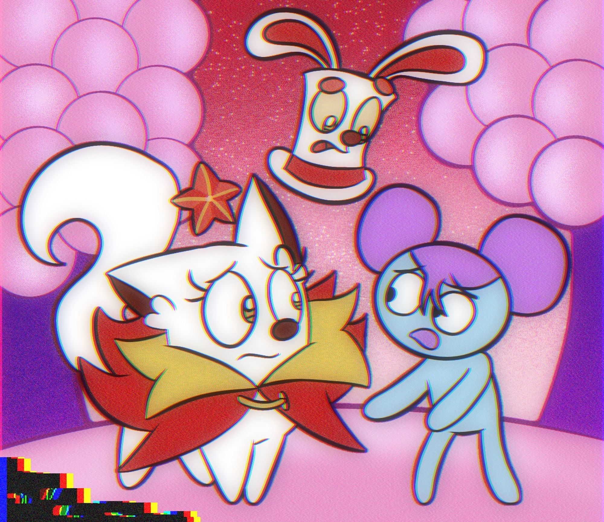 Komet(alien fox), and Swoosh(magic hat) interacting with Pibby. There is a glitch effect at the bottom left alongside bubble trees in the background.