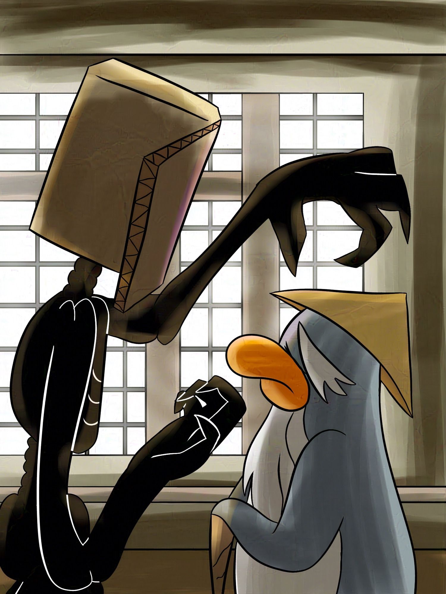 Sensei(Club Penguin) interacting with Box Spirit in the Dojo. It is not pleasant.