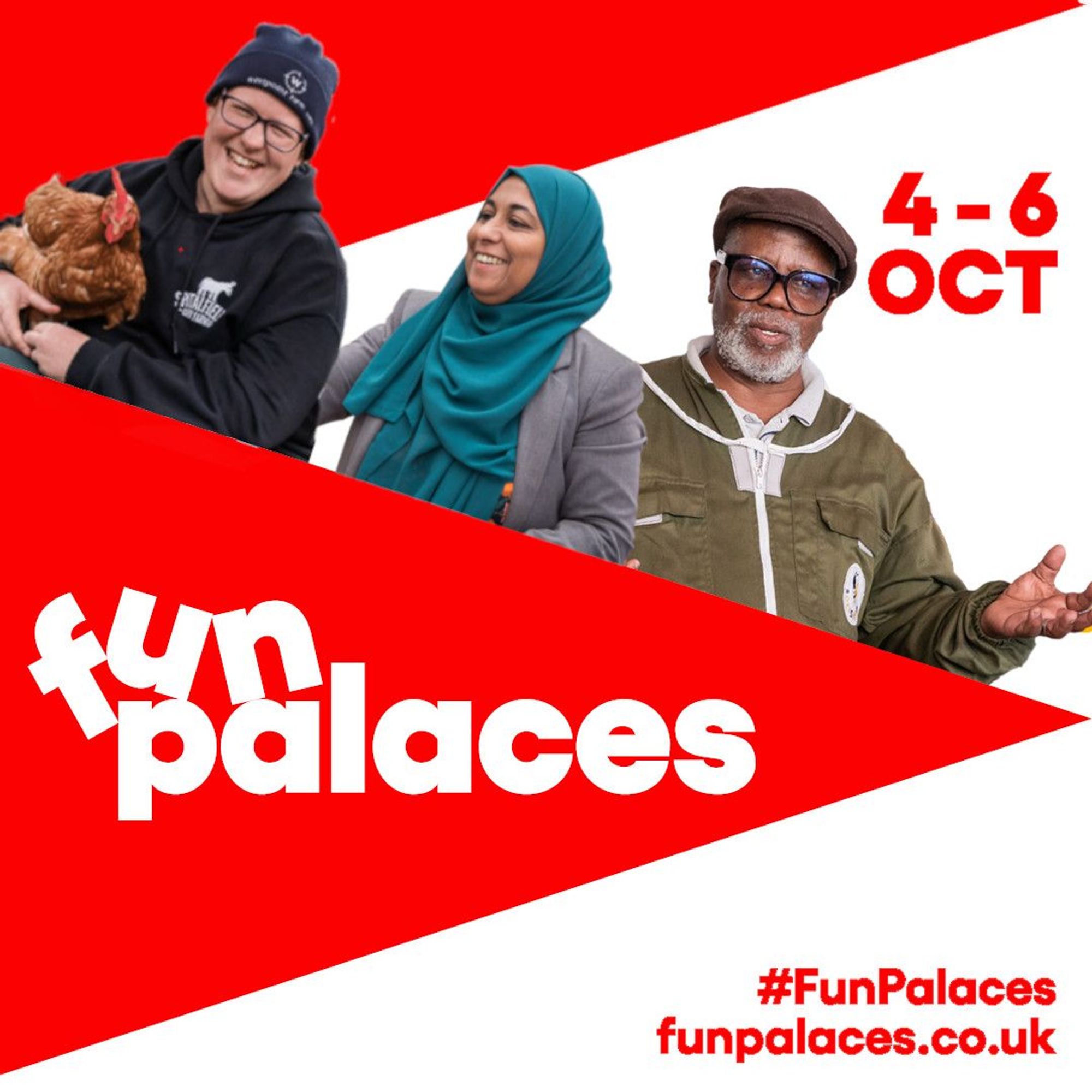 A man in an olive green beekeeping suit gives a talk at a Fun Palace in Sydenham. A woman in a hijab smiles whilst hanging up paper craft keys at a Fun Palace at the Bromley-By-Bow Centre. Text overlays interlocking red and white triangles in the background. The text reads, "fun palaces. 4 - 6 Oct. #FunPalaces funpalaces.co.uk