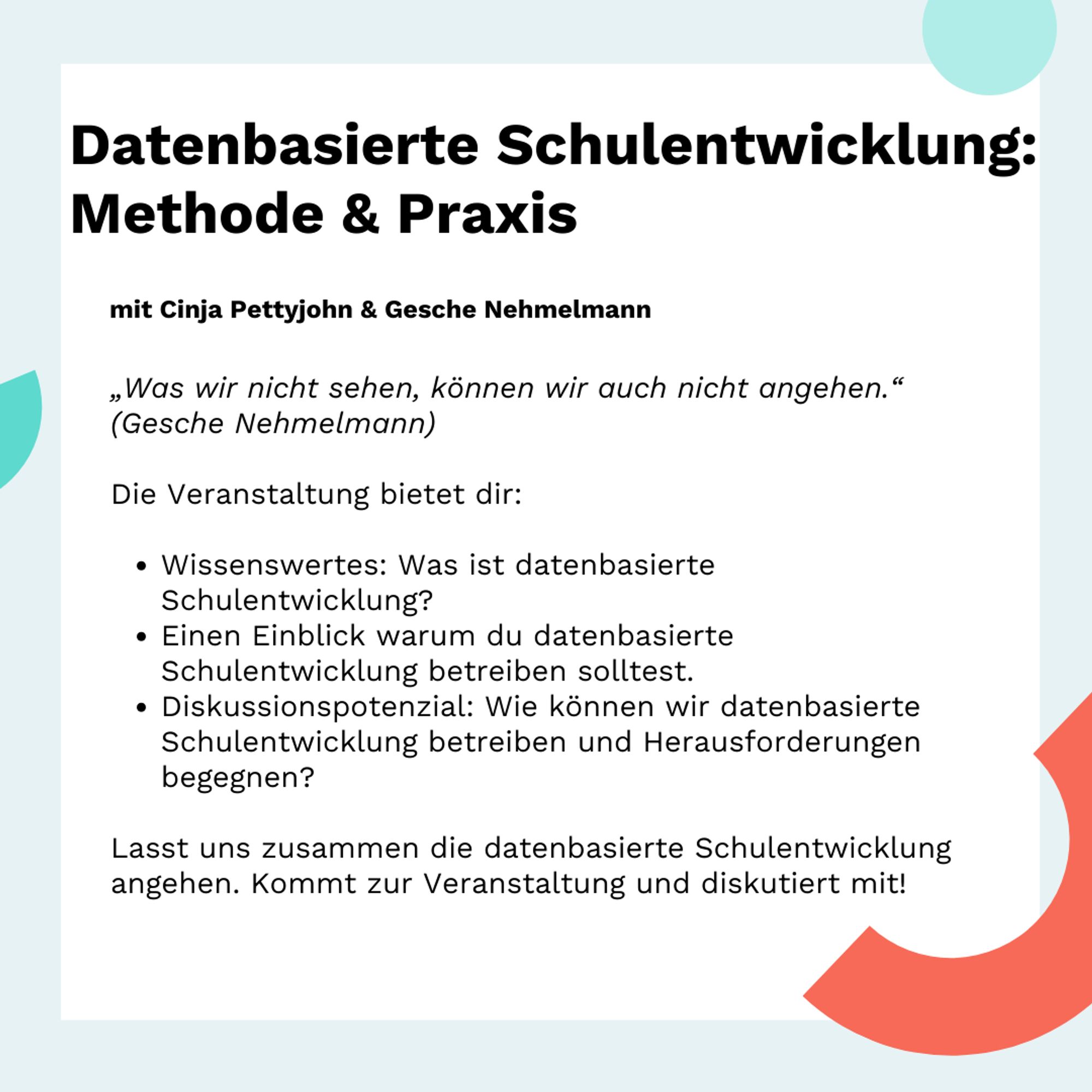 „Was wir nicht sehen, können wir auch nicht angehen.“ (Gesche Nehmelmann)

Und da das eben so ist, möchten unsere beiden NELE Kolleginnen Cinja und Gesche euch in die datenbasierte Schulentwicklung einführen.