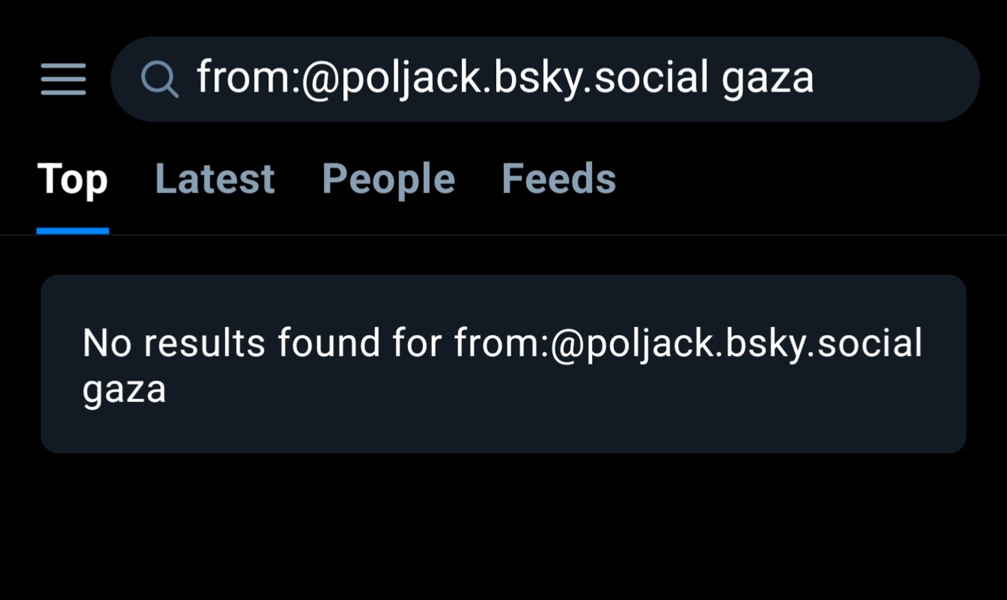 Screenshot showing no posts from the above user on gaza