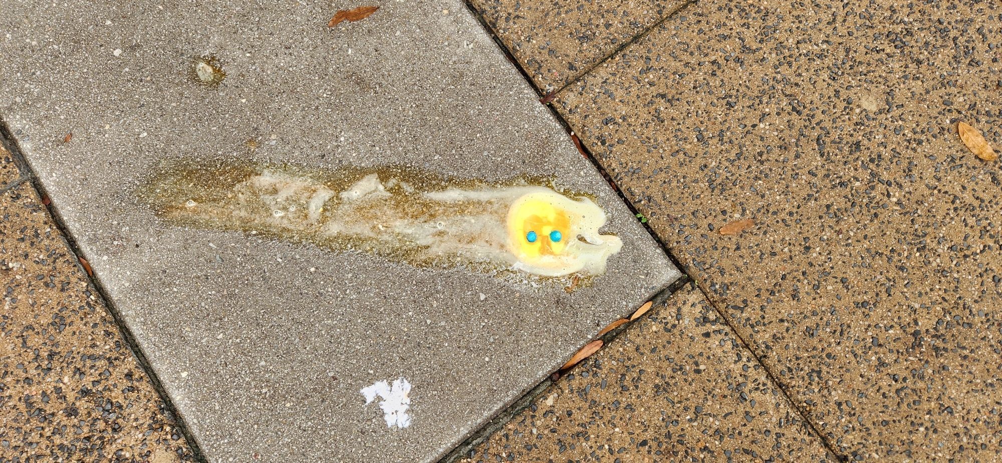 An ice cream face tragically melted on the sidewalk. It has a yellow face and blue gumball eyes.