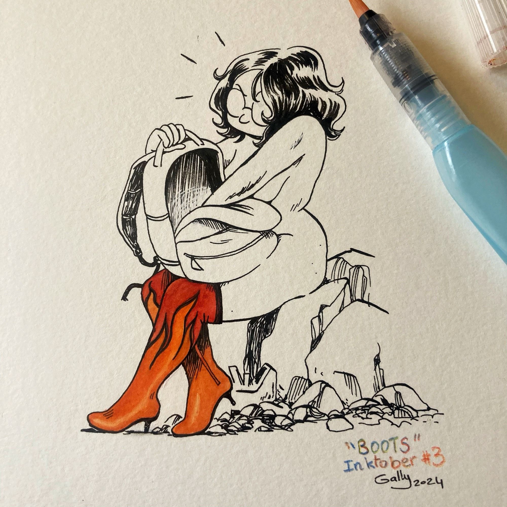 Dessin d'une femme avec de jolies bottes qui cherche dans un sac à dos.