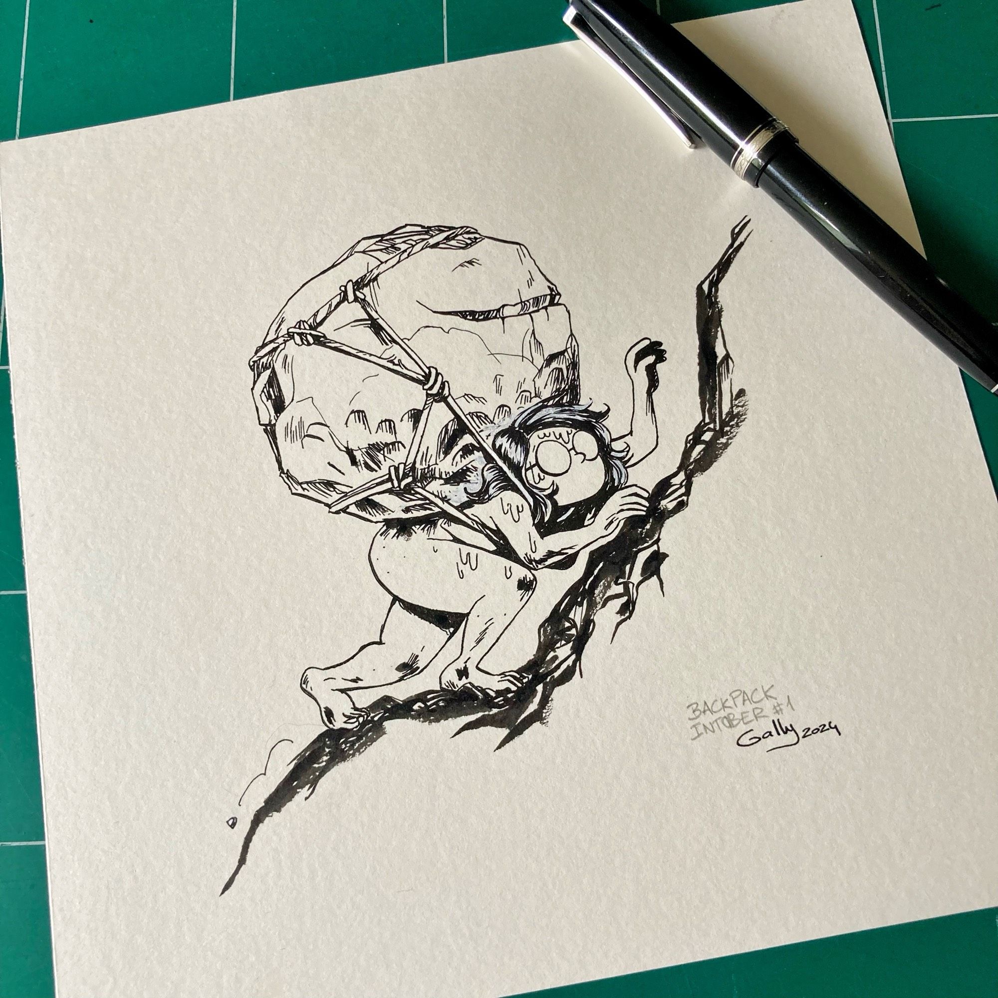 Dessin d'une femme gravissant une montagne avec un énorme rocher en guise de sac à dos.