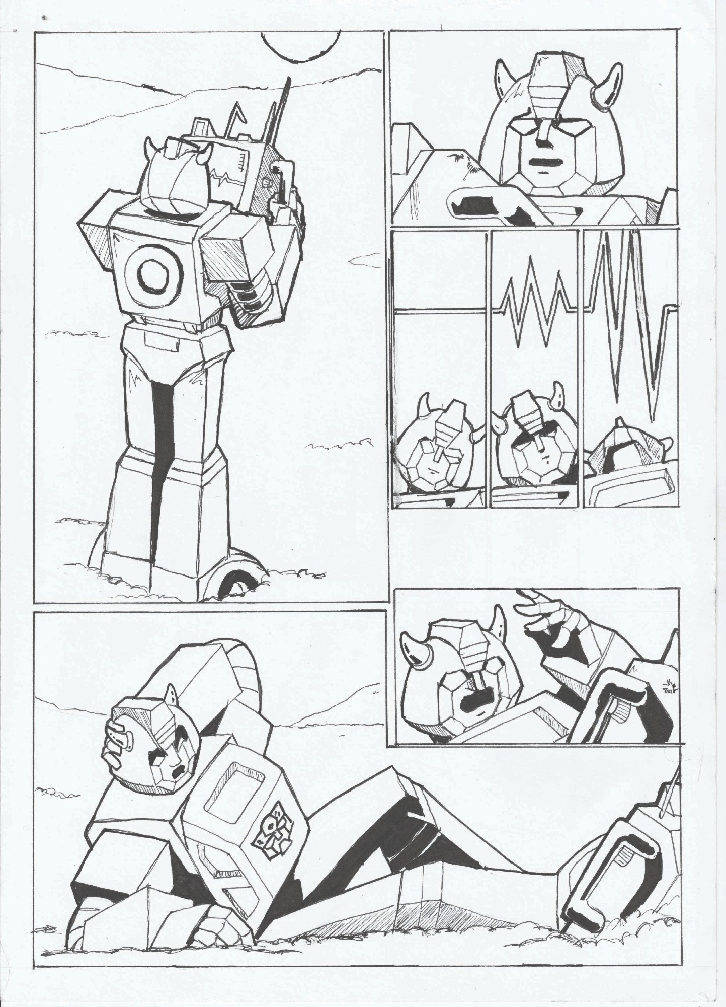 Redraw of a page from part four of Marvel UK's Transformers story, "Dinobot Hunt!" in which Bumblebee gives himself a sonic migraine.