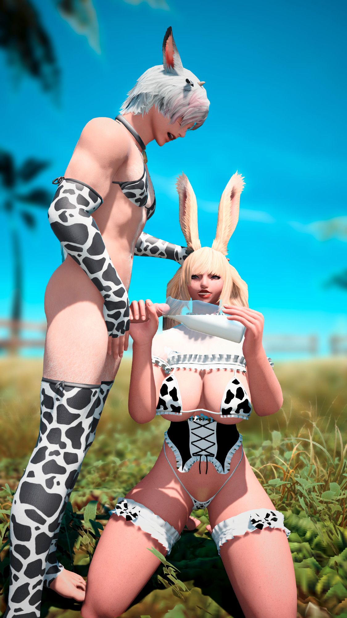 A viera woman in a cowprint costume jerks off a miqo'te man in a cowprint costume into a milk bottle which is already quite full.

A screenshot from modded final fantasy 14