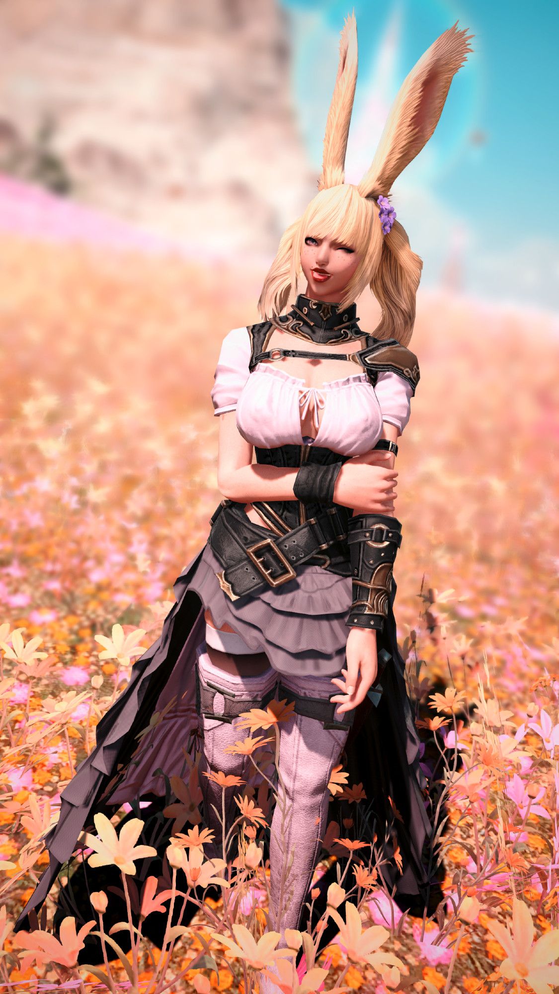 A viera woman stands in a field of flowers, playfully winking and sticking her tongue out.

A screenshot from Modded Final Fantasy XIV