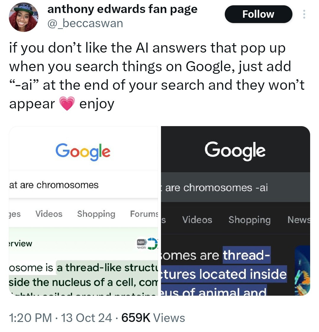 if you don’t like the AI answers that pop up when you search things on Google, just add “-ai” at the end of your search and they won’t appear 💗 enjoy