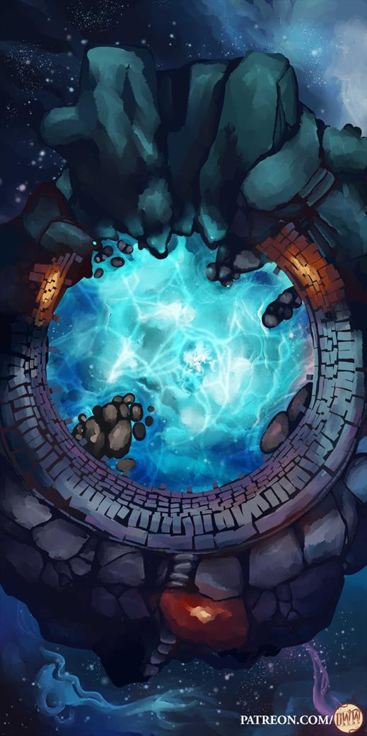 Astral Sea Pool Battle Map by Domille's Wondrous Works. It features a portal surrounded by a stone ring, floating in a spacescape. 