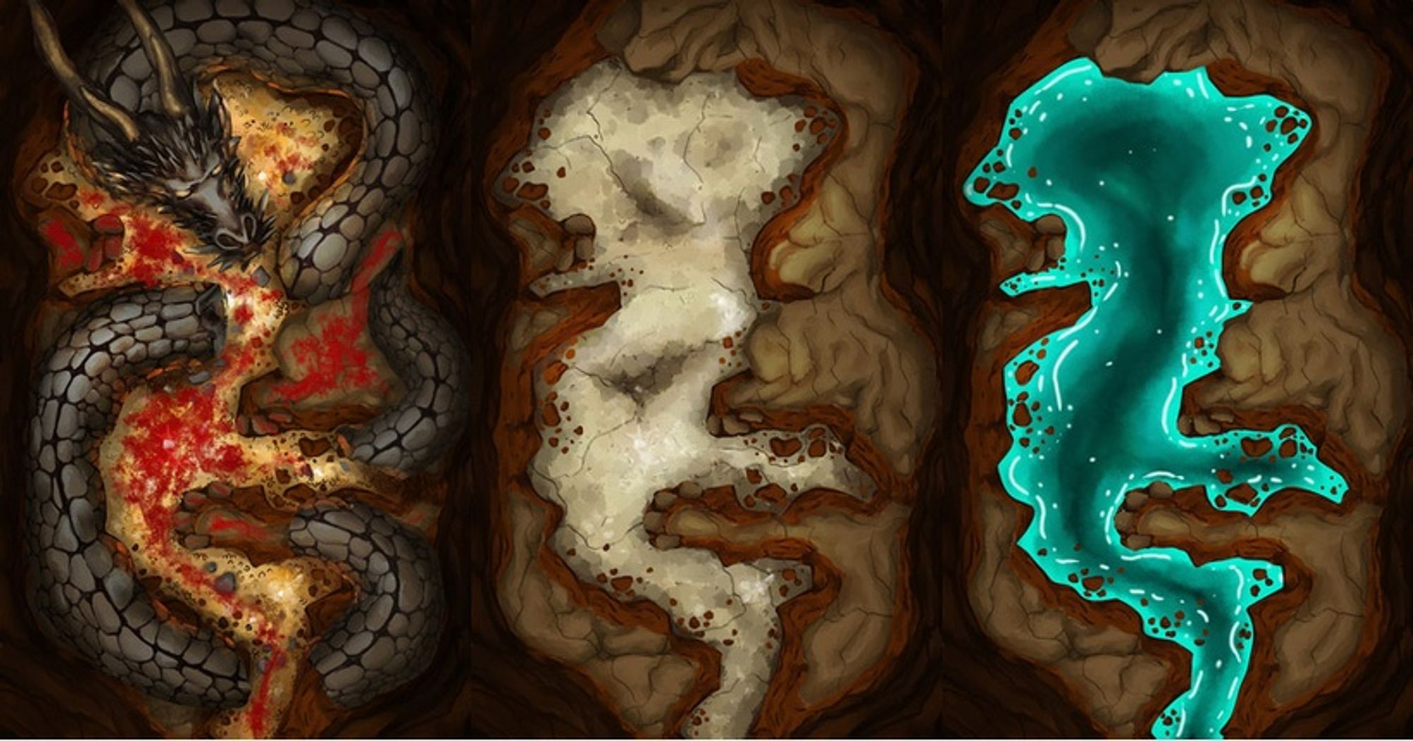 Dead Dragon Lair Battle Map and variations by Domille's Wondrous Works. It features a blood-spattered cavern with a dead dragon lyng in segments. Another features the same cavern, without the blood or dragon. And another features the bare cavern filled with water.