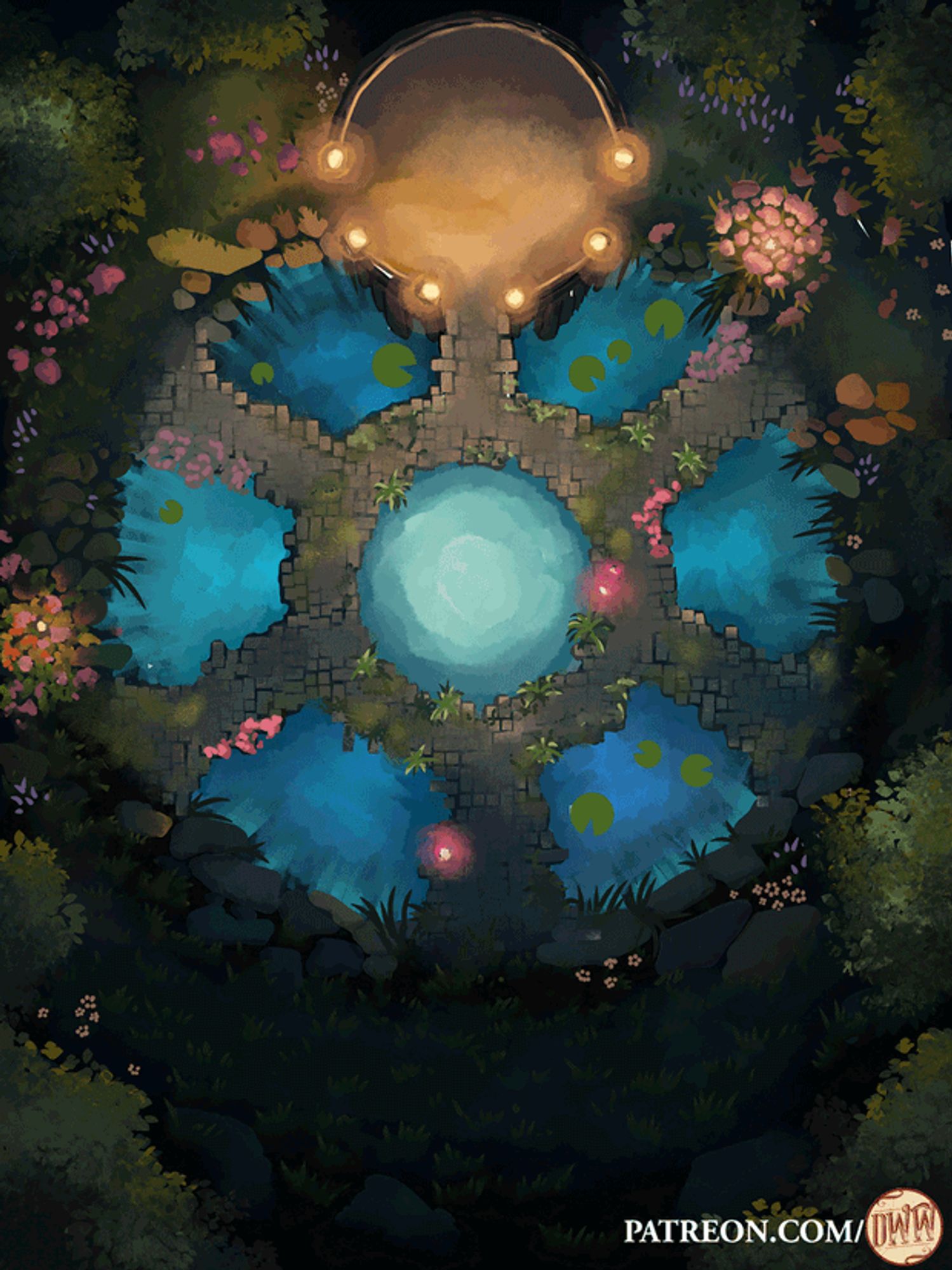 Fey Forest Pond Phased Battle Map by Domille's Wondrous Works. 
It features the opening to a fey temple with a circle of pools of water in font of it. 