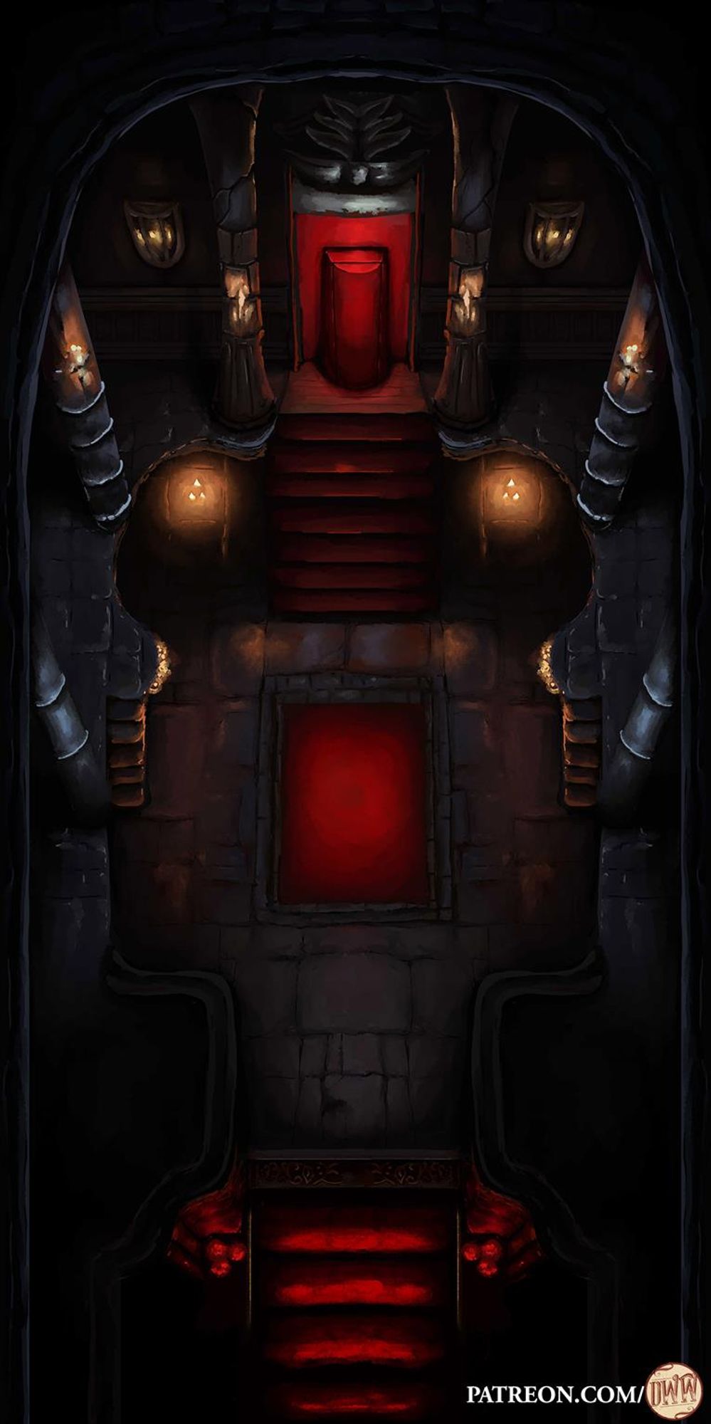 Vampire Lair Battle Map by Domille's Wondrous Works. It features a dark, gothic throne room with a coffin at the end. 