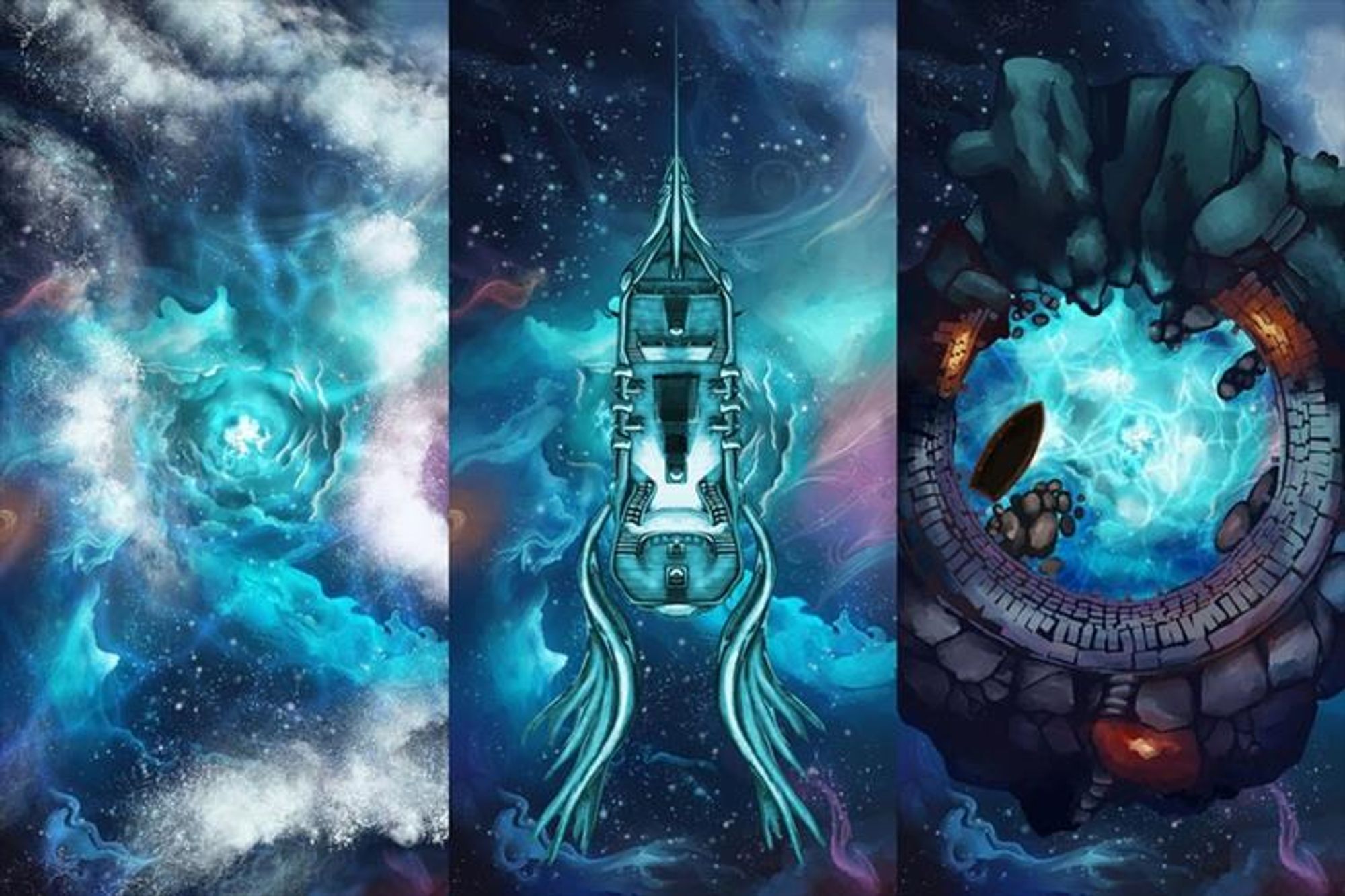 Astral Sea Pool Battle Map and variations by Domille's Wondrous Works. It features a portal surrounded by a stone ring, floating in a spacescape. A swirling storm in the same spacescape. And an otherworldly ship flying through the spacescape.