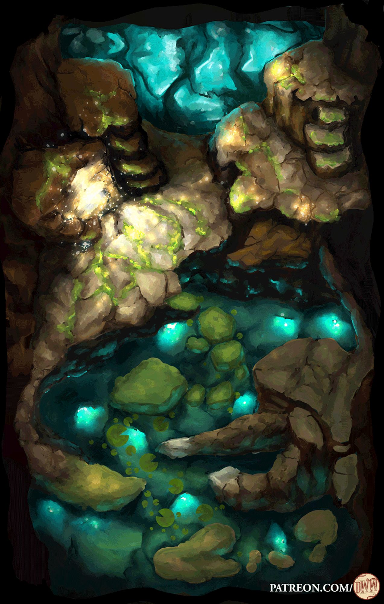 Cavern Lake Phased Battle Map by Domille's Wondrous Works. It features an underground cavern with moss-covered rocks surrounding a clear pool of water. 