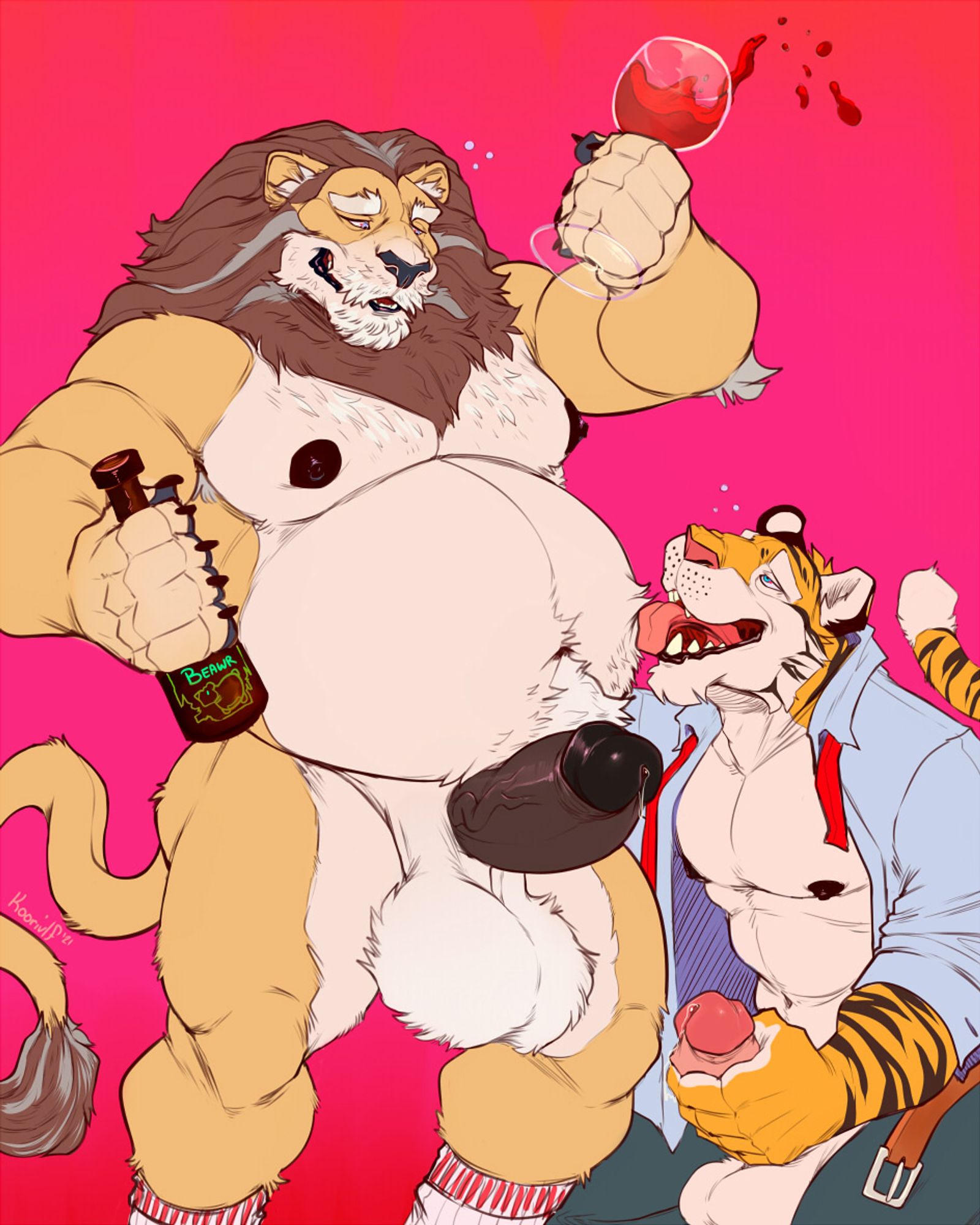 Old chubby anthro lion man with "bawr" wine and only his socks, is a bit drunk spilling his wine glass. Anthro tiger guy still a bit stuck in his bussiness attire is licking belly of old lion as he jerks off. Fred the tiger is also tipsy and they are both erect enjoying the company