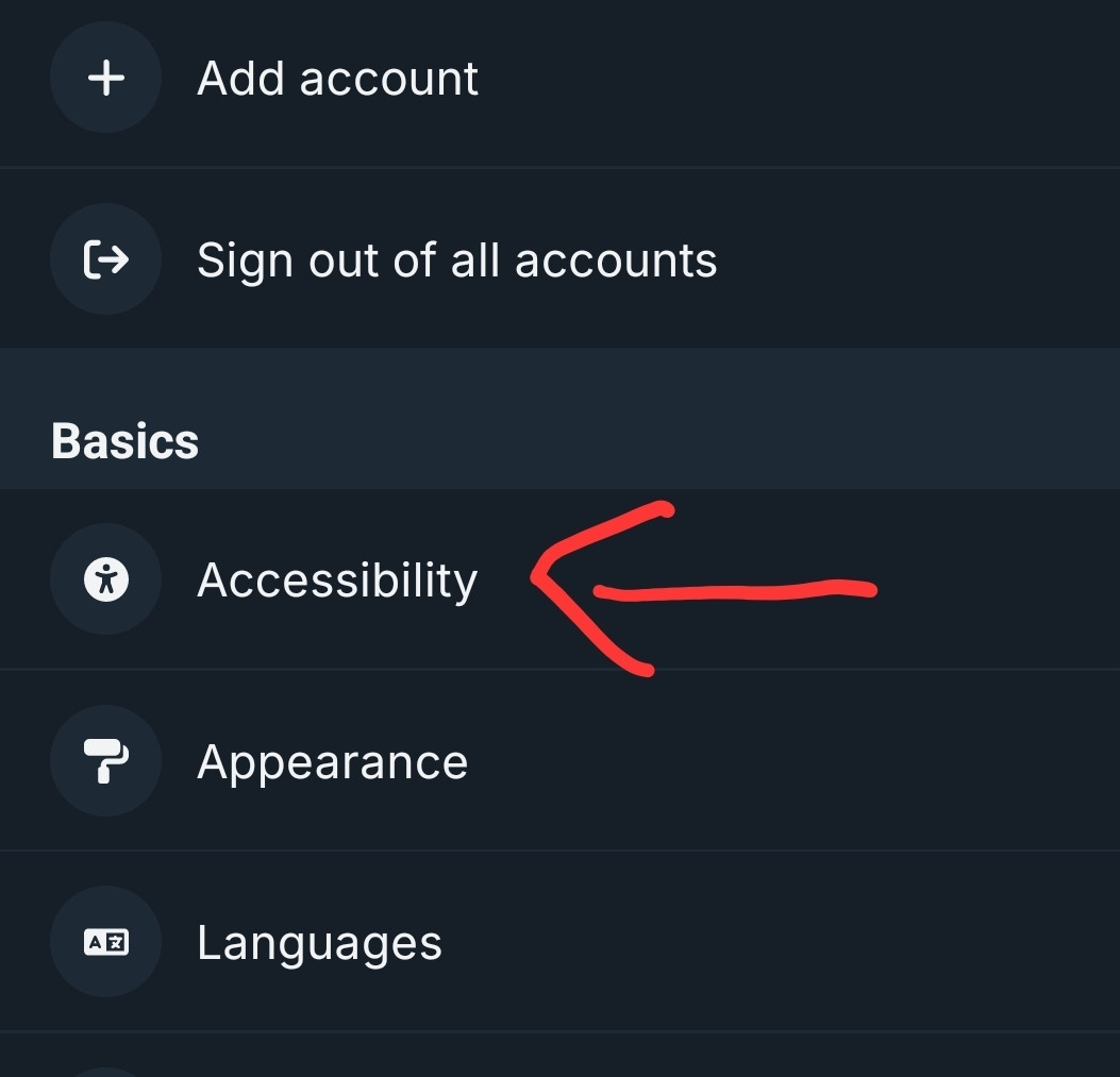 Screenshot of settings with arrow pointing to accessibility 