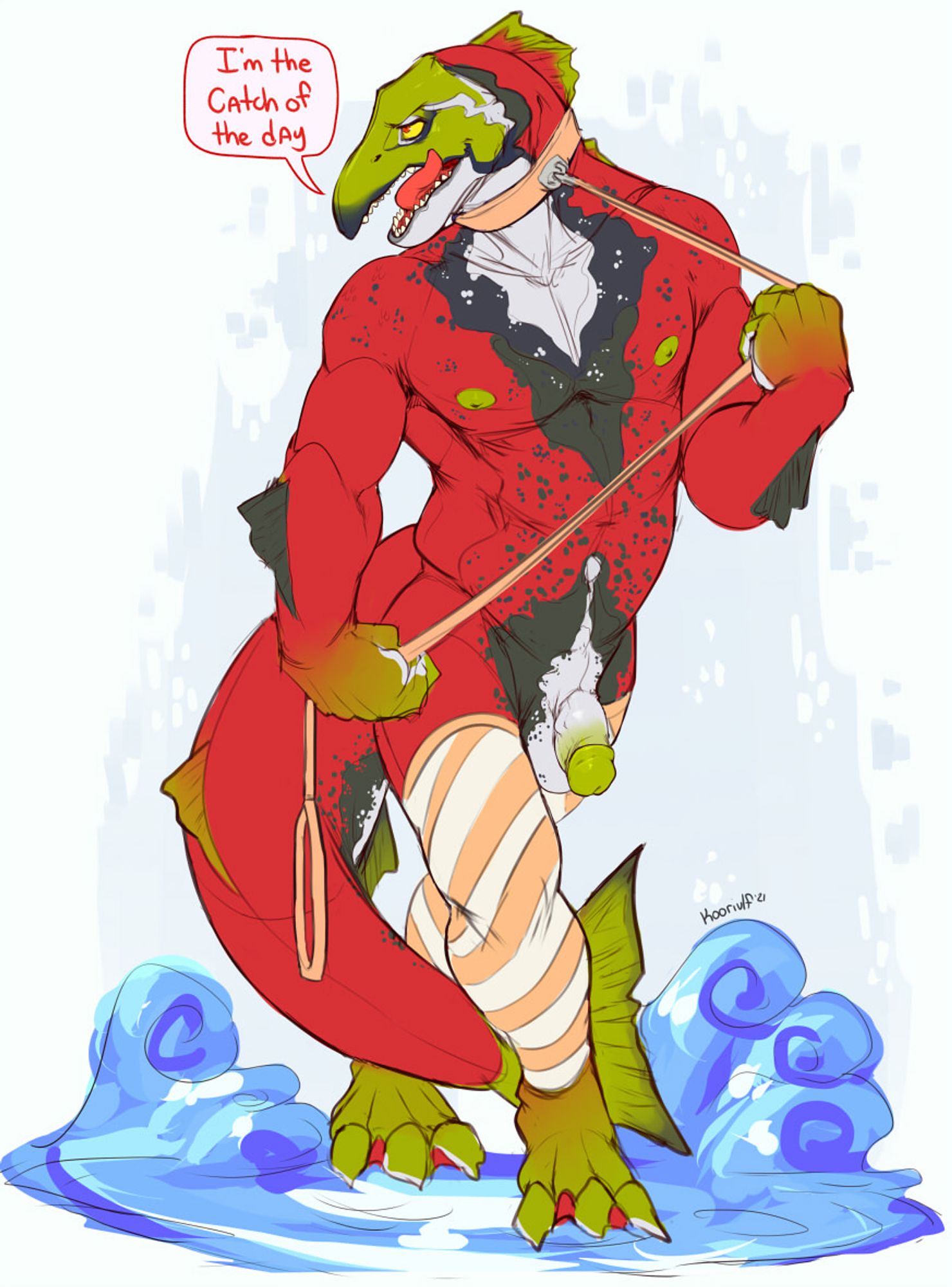 Digital drawing of an anthro red salmon, standing in a Sexy position on top of the waves, holding their leash and wearing thigh high stocking. They say "I'm the catch of the day"