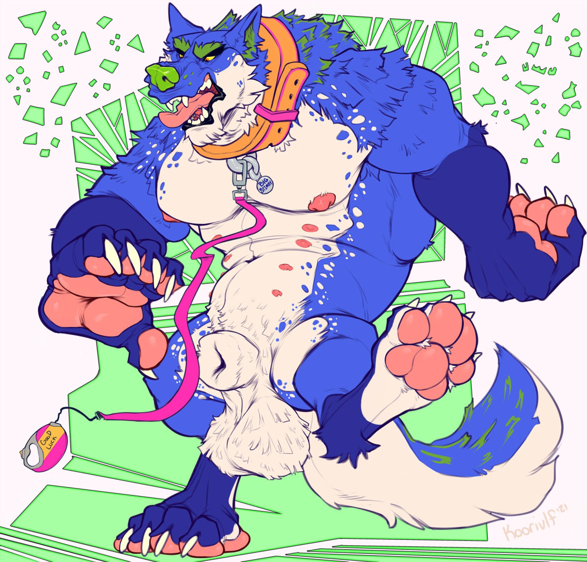 NSFW drawing of zasz the were dog making a rukus as their leash is unattended. They're doritio shaped, showing off big paws, a sheath n balls, and a growly face