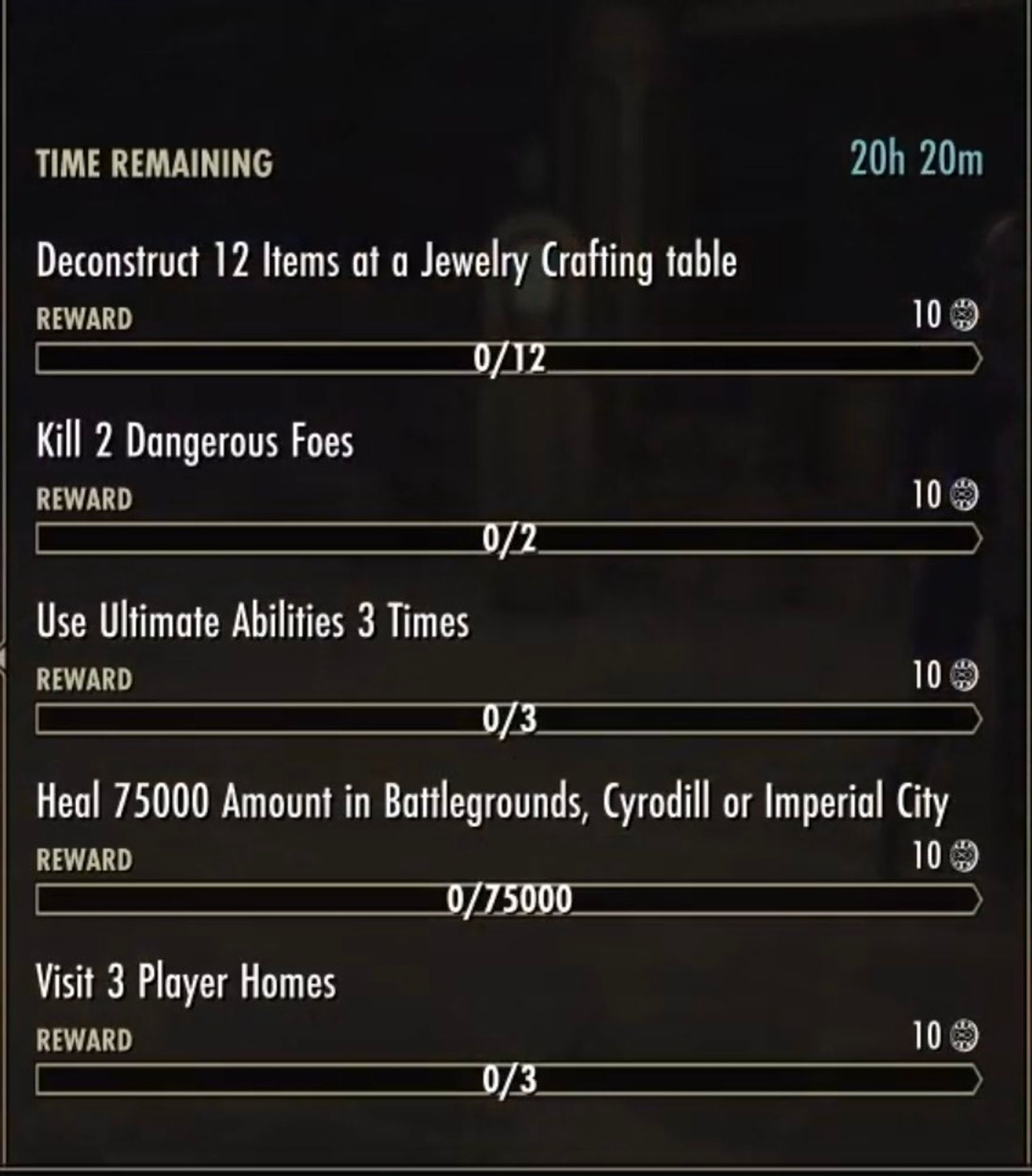 Deconstruct 12 Items at a Jewellery Crafting table (10 Seals)
Kill 2 Dangerous Foes (10 Seals)
Use Ultimate Abilities 3 Times (10 Seals)
Heal 75000 Amount in Battlegrounds, Cyrodiil, or Imperial City (10 Seals)
Visit 3 Player Homes (10 Seals)