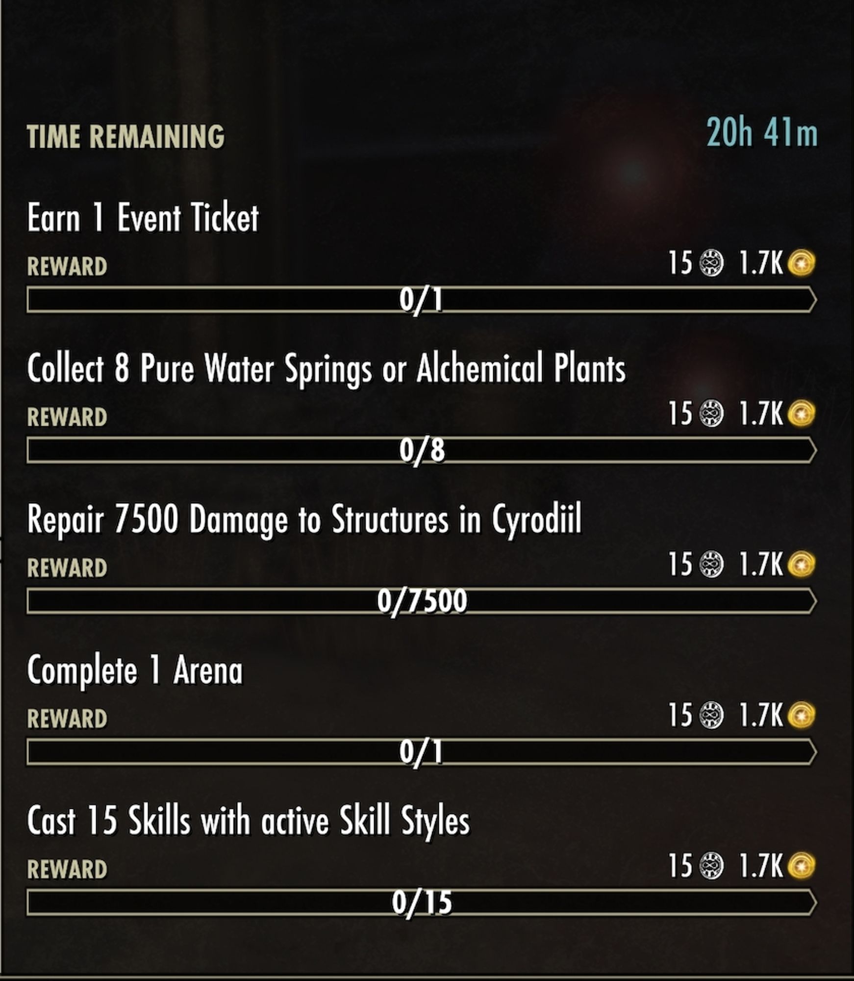 Earn 1 Event Ticket (15 Seals and 1.7K Experience)
Collect 8 Pure Water Springs or Alchemical Plants (15 Seals and 1.7K Experience)
Repair 7500 Damage to Structures in Cyrodiil (15 Seals and 1.7K Experience)
Complete 1 Arena (15 Seals and 1.7K Experience)
Cast 15 Skills with active Skill Styles (15 Seals and 1.7K Experience)