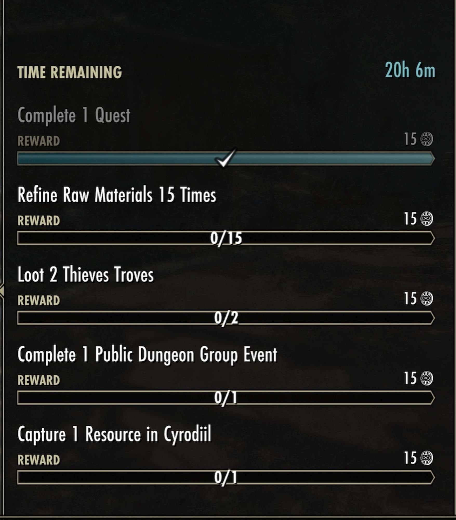 Complete 1 Quest (15 Seals)
Refine Raw Materials 15 Times (15 Seals)
Loot 2 Thieves Troves (15 Seals)
Complete 1 Public Dungeon Group Event (15 Seals)
Capture 1 Resource in Cyrodiil (15 Seals)