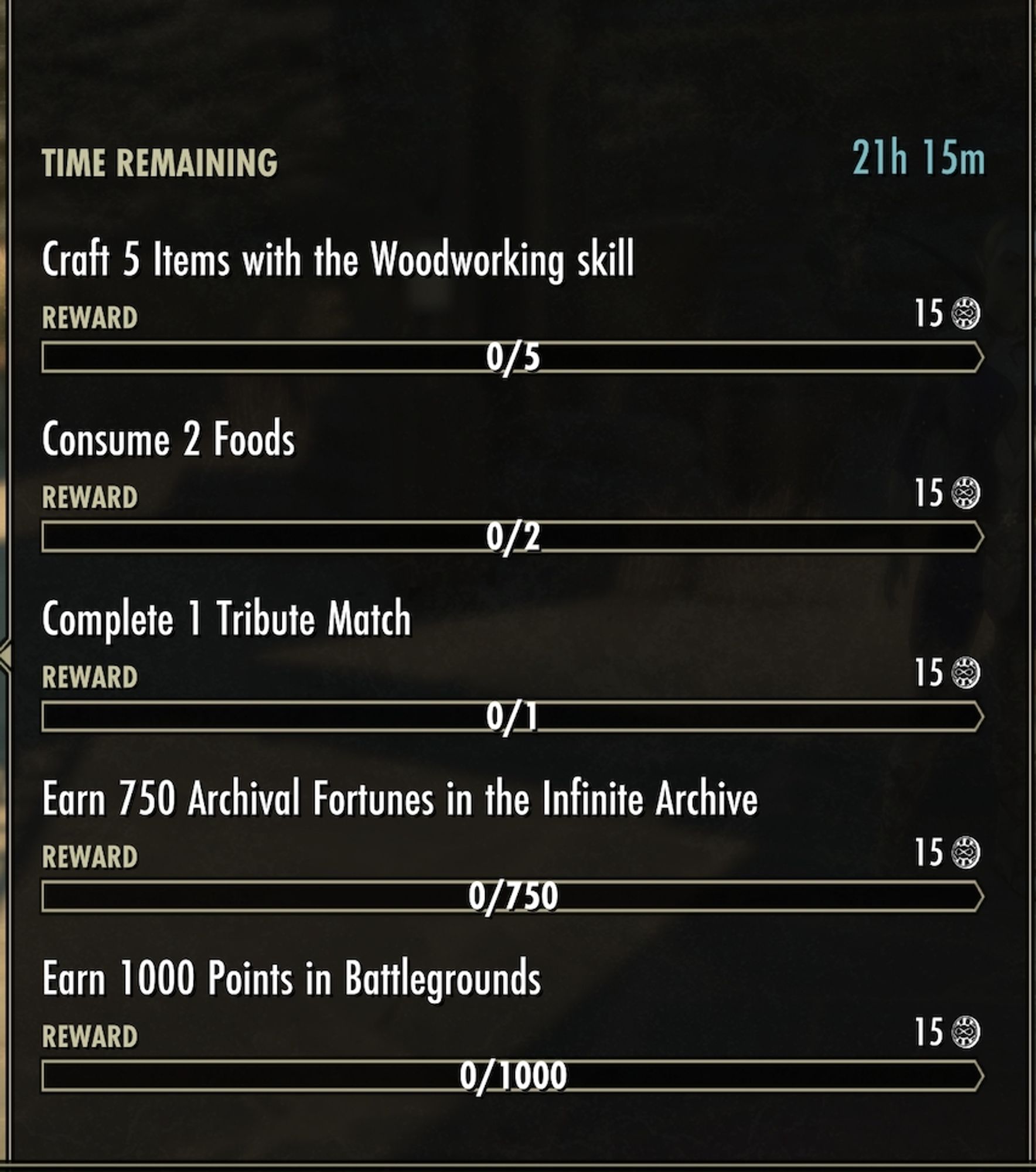 Craft 5 Items with the Woodworking skill (15 Seals)
Consume 2 Foods (15 Seals)
Complete 1 Tribute Match (15 Seals)
Earn 750 Archival Fortunes in the Infinite Archive (15 Seals)
Earn 1000 Points in Battlegrounds (15 Seals)