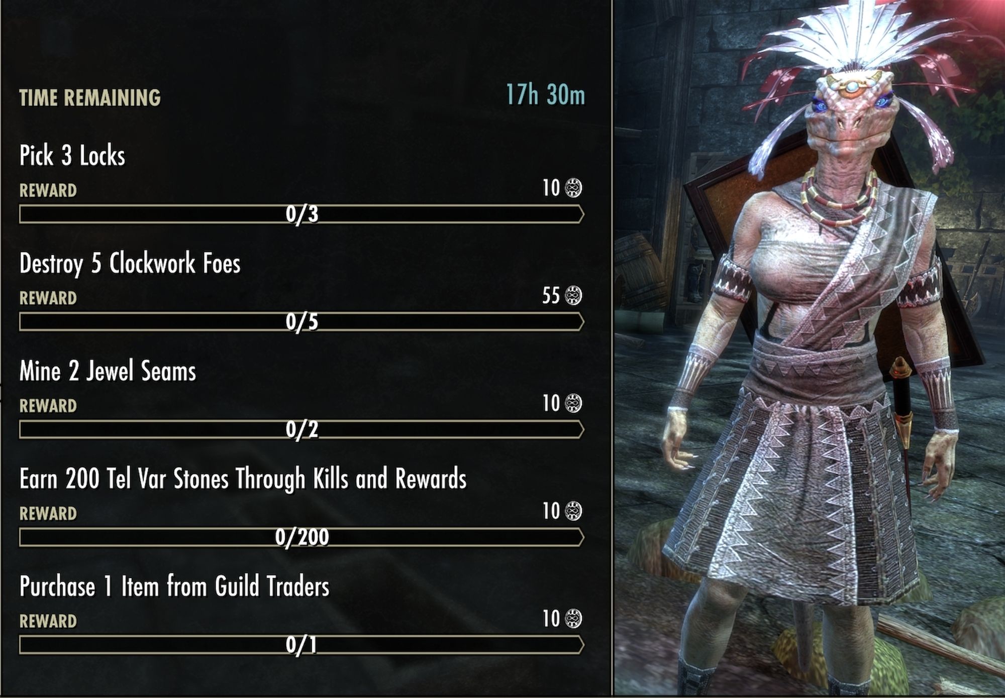 Pick 3 Locks (10 Seals)
Destroy 5 Clockwork Foes (55 Seals)
Mine 2 Jewel Seams (10 Seals)
Earn 200 Tel Var Stones Through Through Destroys and Rewards (10 Seals)
Purchase 1 Item from Guild Traders (10 Seals)