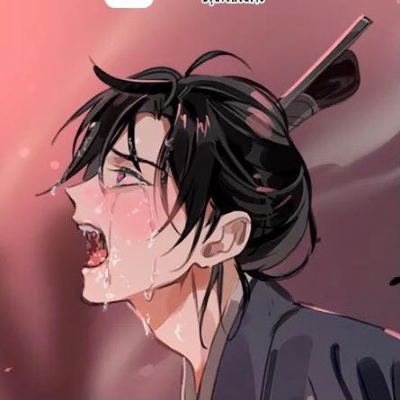 An editted image of Jiang Cheng showing cum splatters on his face and hearts in eyes. It's to represent the "ahegao" face 