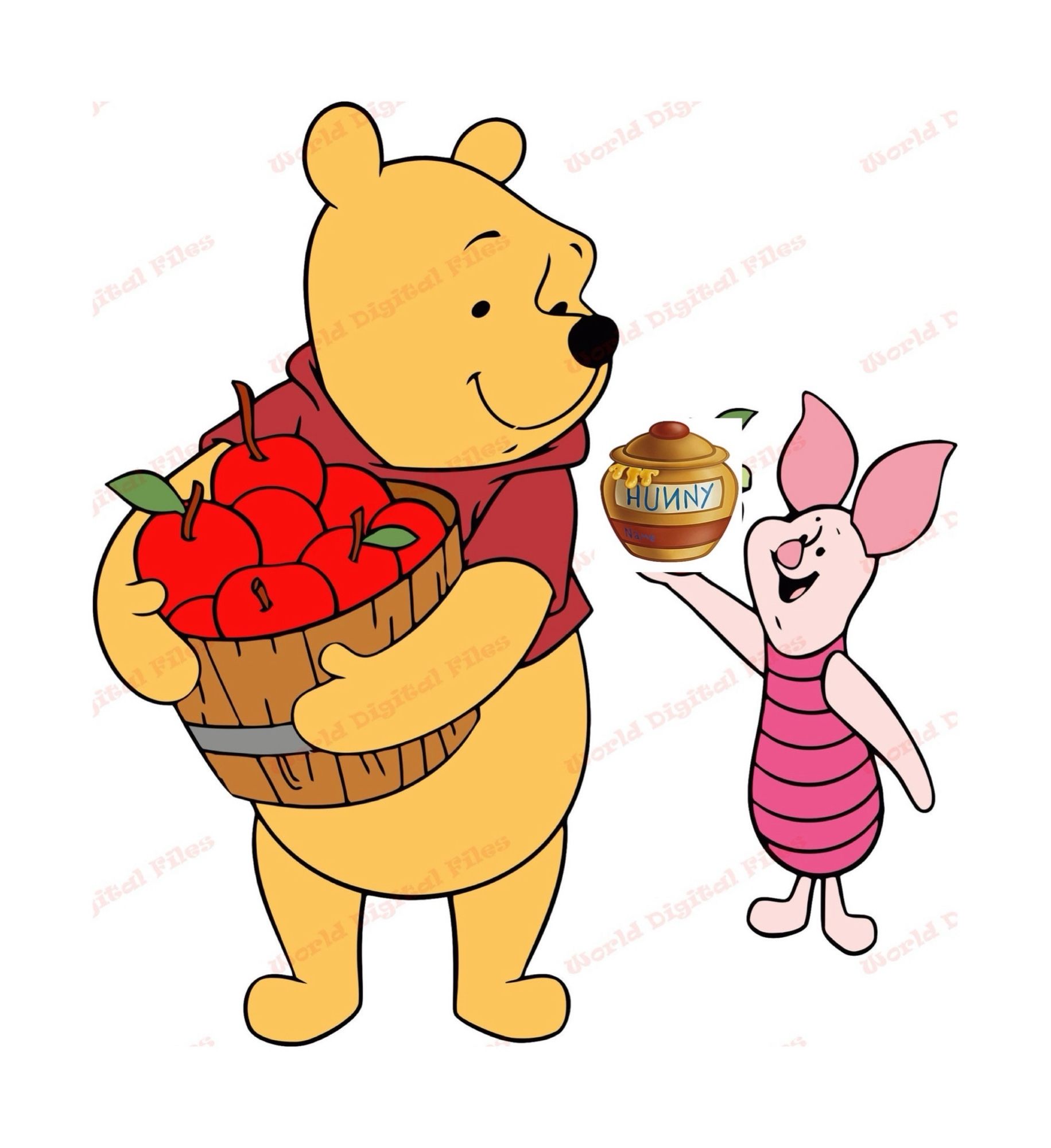 Winnie the Pooh, holding a barrel of apples and smiling at Piglet, who is handing him a jar marked “Hunny”