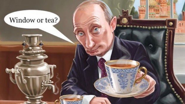 An illustration of V. Putin handing the observer a cup of tea while asking ,
 " Window or tea ".