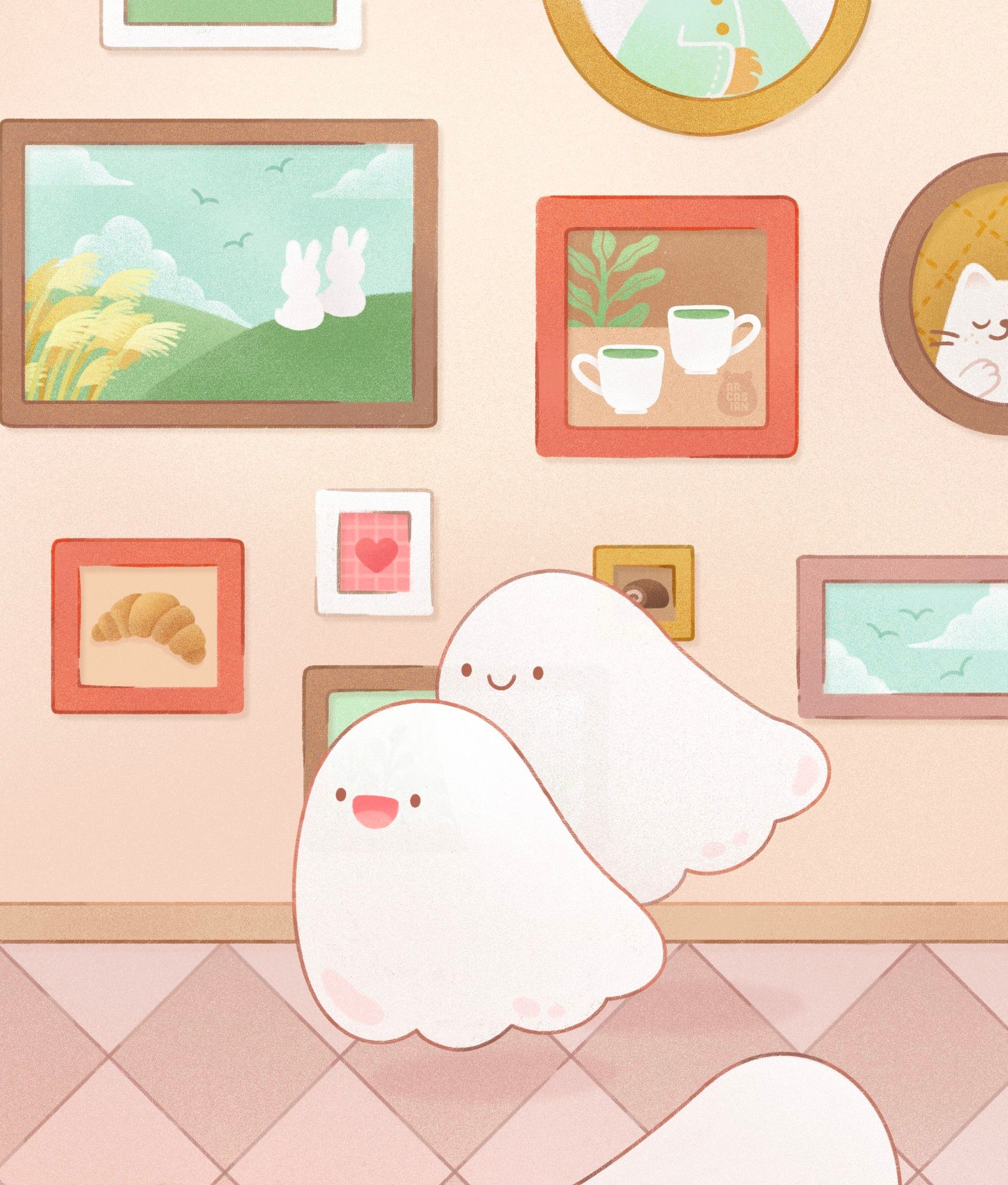 Artwork of cute ghosts browsing through an art gallery with memories in frames on the walls.