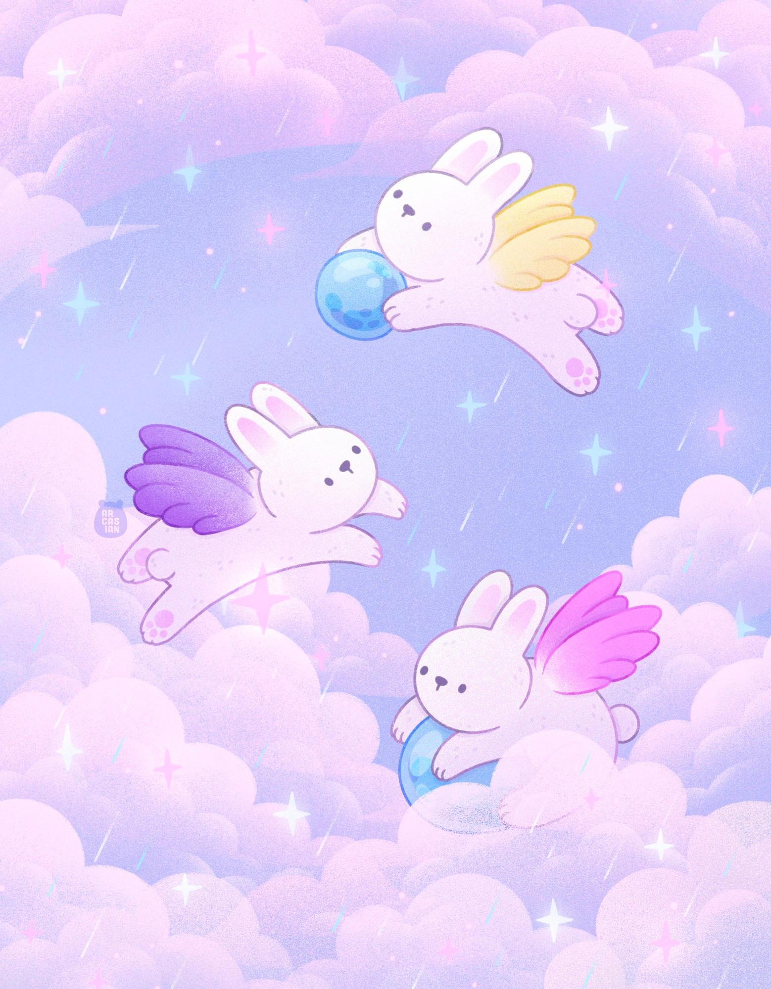 Artwork depicting white bunnies with angel wings flying in a sky of clouds that's parted in the centre. The clouds are tinted pink and from top to bottom, the wings of the bunnies are yellow, purple, and pink. The top most and bottom most bunnies are carrying large raindrops in their paws.