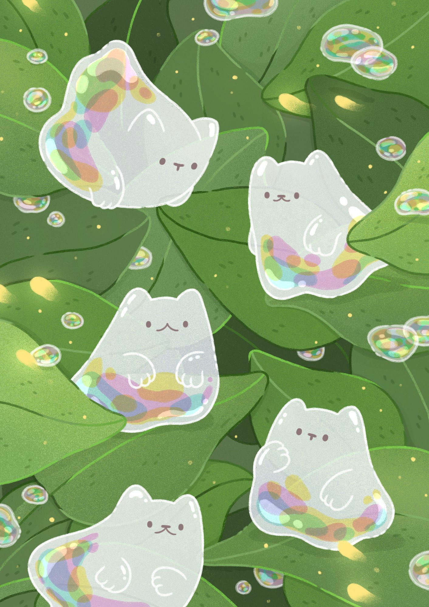 Artwork depicting a background of lush green leaves with bubbles and yellow wisps in the foreground. The main subject of the piece are bubbles that are shaped like ghosts with cat ears that are floating around together carrying reflective colours in their bellies.