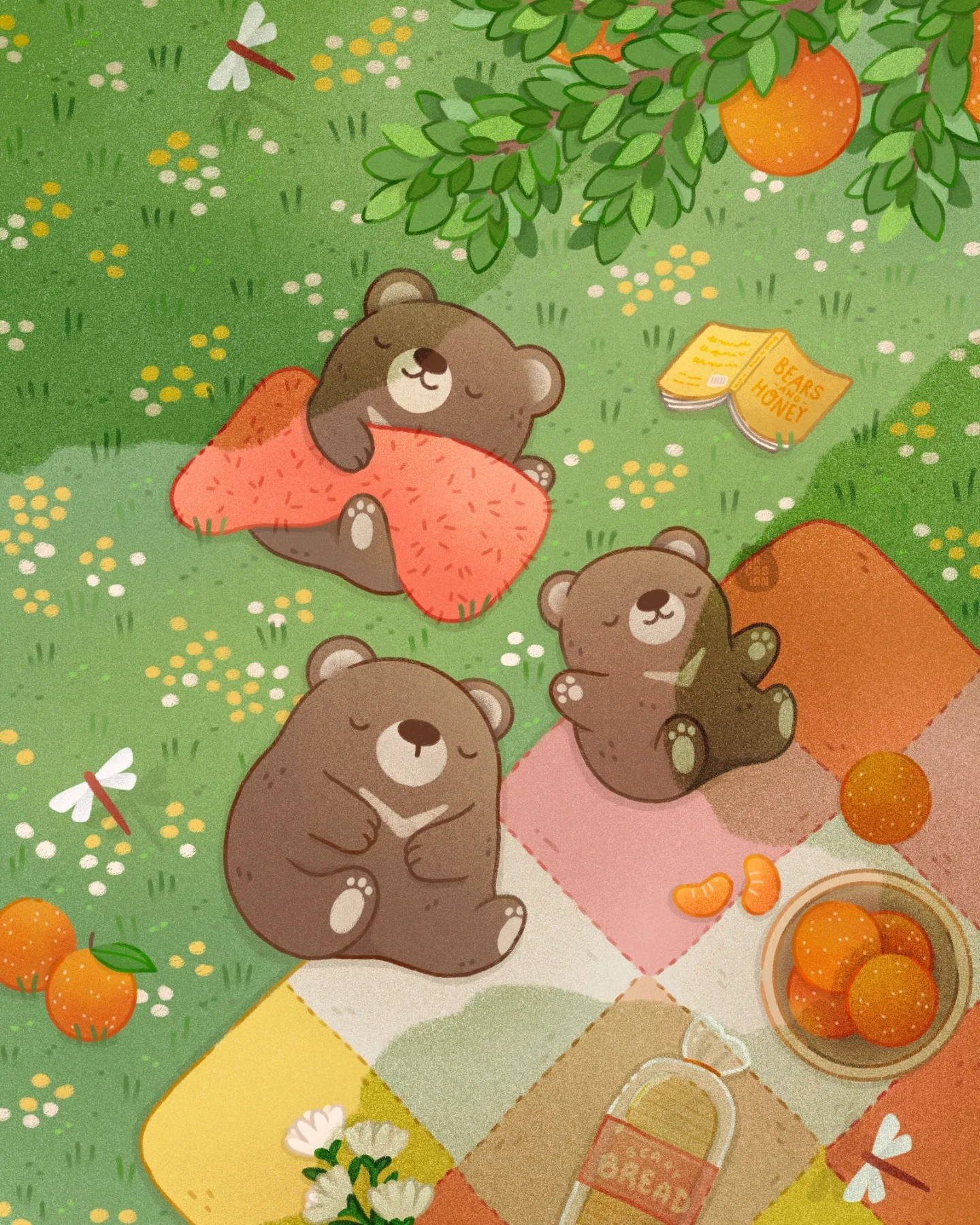 Artwork depicting a top down view of three bears on a picnic. All three bears are fast asleep with one of them wrapped in a red blanket. The other two bears are asleep on the edge of a picnic blanket and there are red dragonflies in the air. Also upon the tiled picnic blanket is a loaf of bread, a bowl of oranges, and a small bouquet of white flowers.