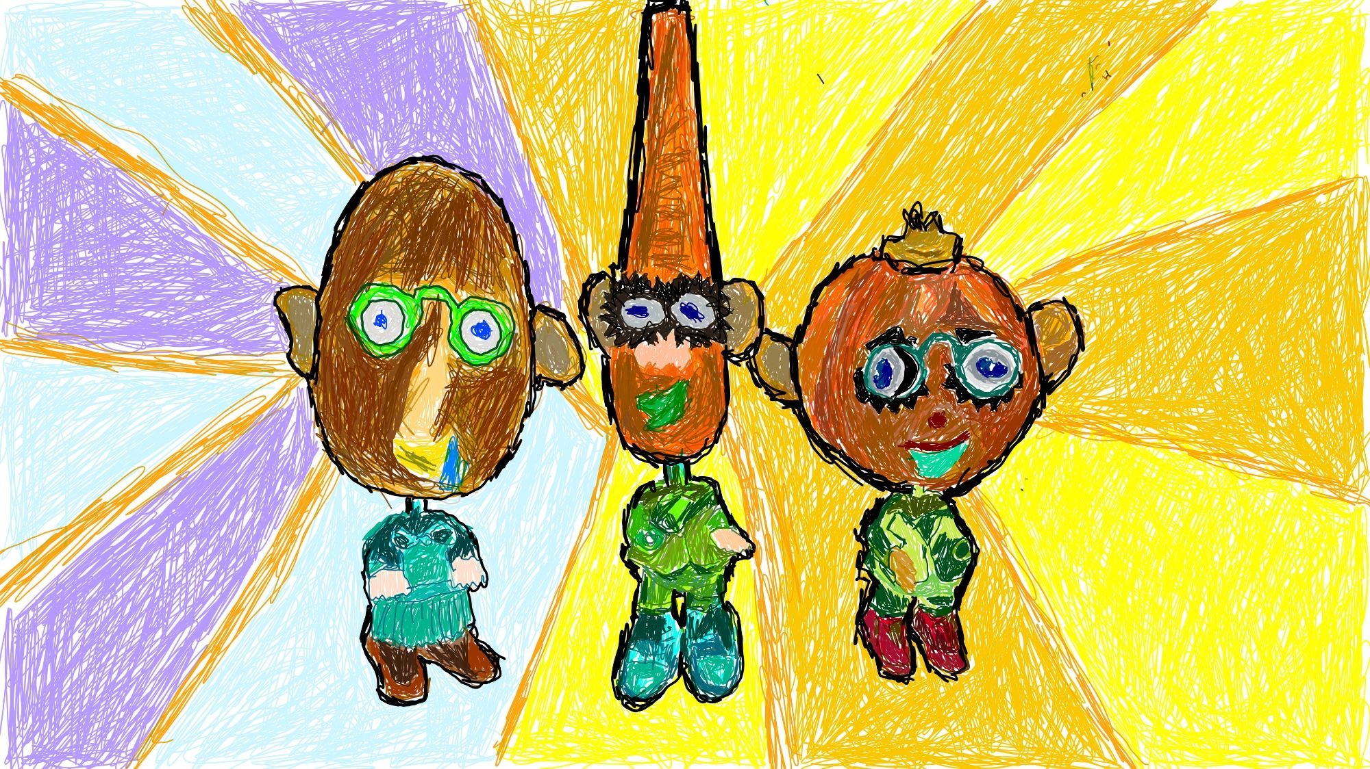 A drawing of Mr potato Head and 2 other vegetables.