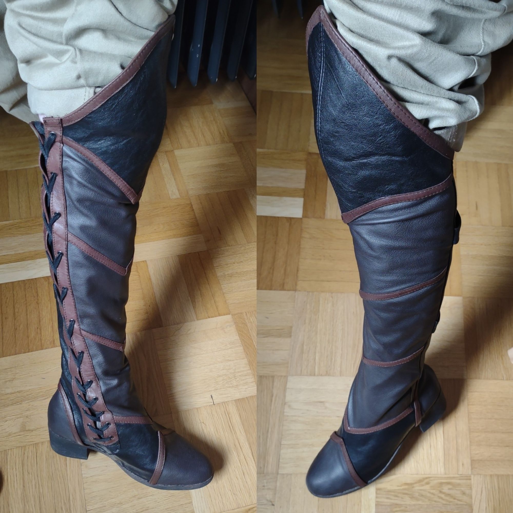 Picture of both sides of the overknee leather boots in black and brown leather. Side is laced up