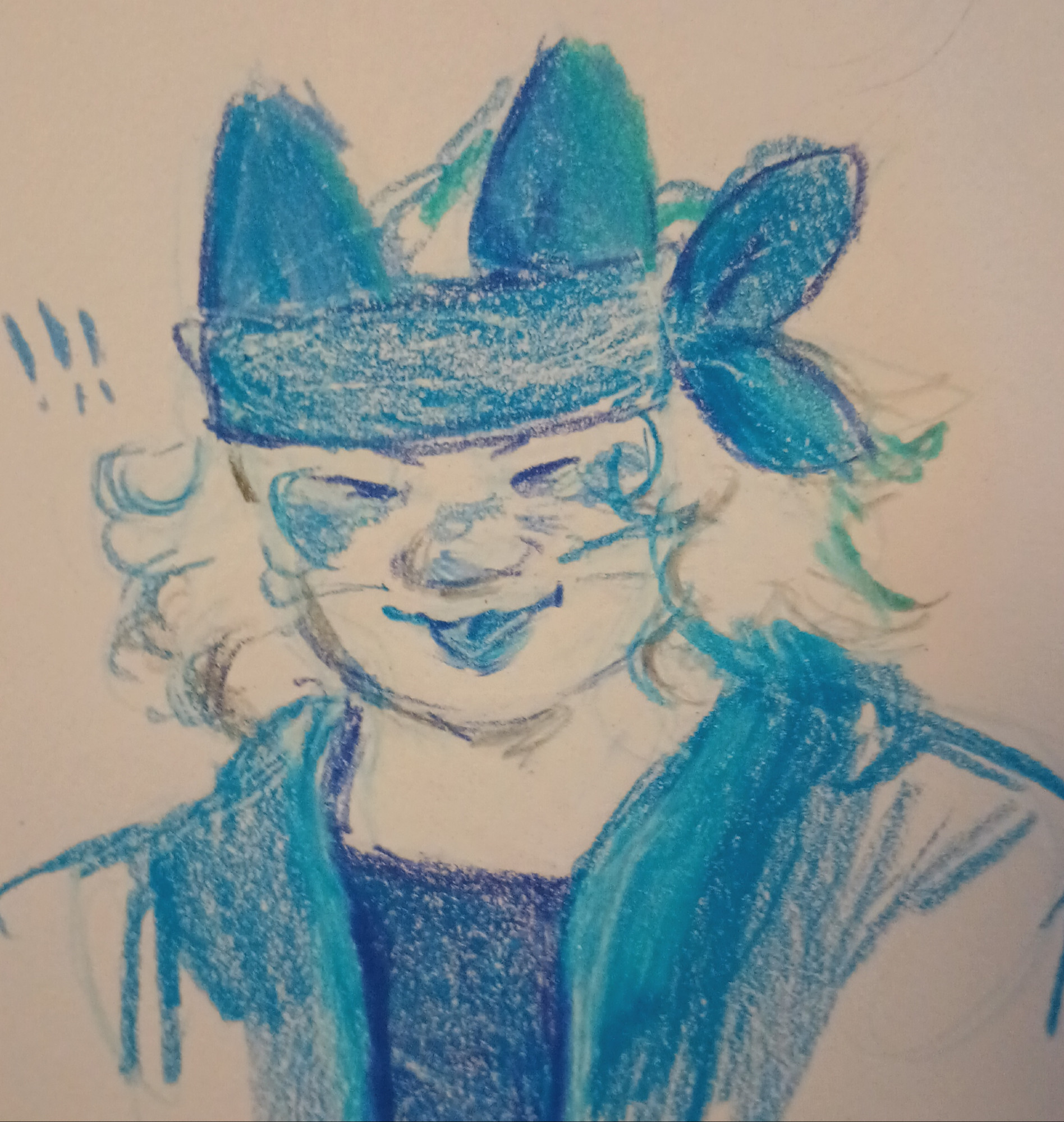 A messy colored pencil drawing of Slingshot from Phighting. He is depicted with messy white hair the same as his skin tone. He is smiling to the point his eyes are shut and is sticking his tongue out. 